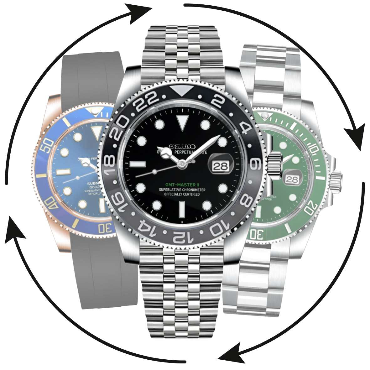 « Configurateur SEIKMOD GMT personnalisable avec mouvement automatique Seiko NH35 assemblé en France »