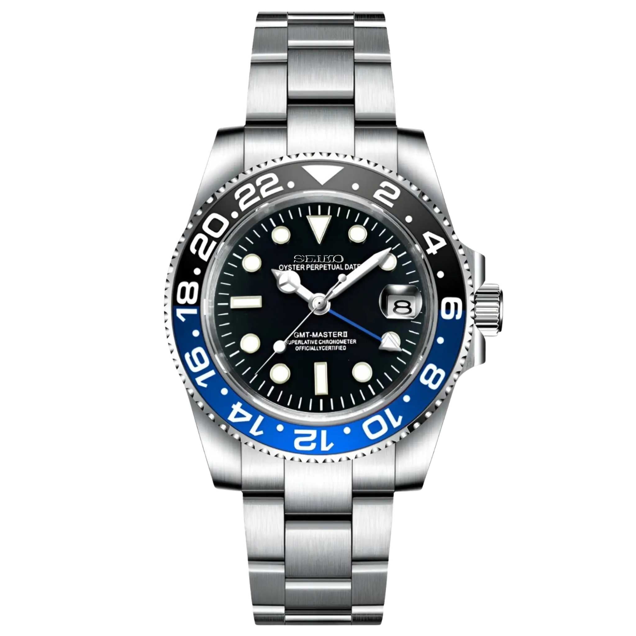 Montre SEIKMOD GMT Batman automatique NH34, assemblée en France vue de face