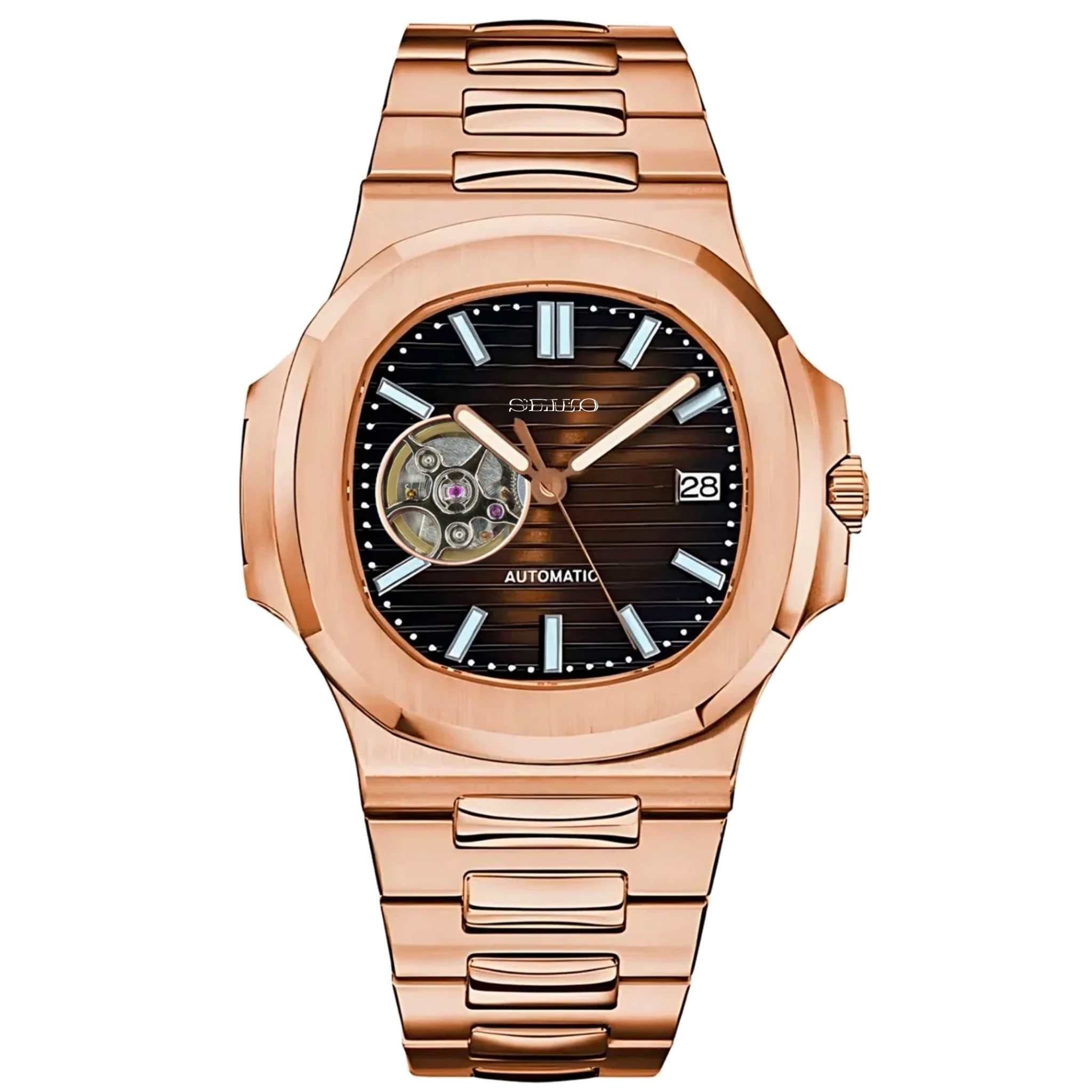 “Montre Modus Nautilus Cœur Ouvert Or Rose équipée du mouvement automatique Seiko NH38, cadran brun à ouverture sur le mécanisme et boîtier or rose, assemblée à la main en France”