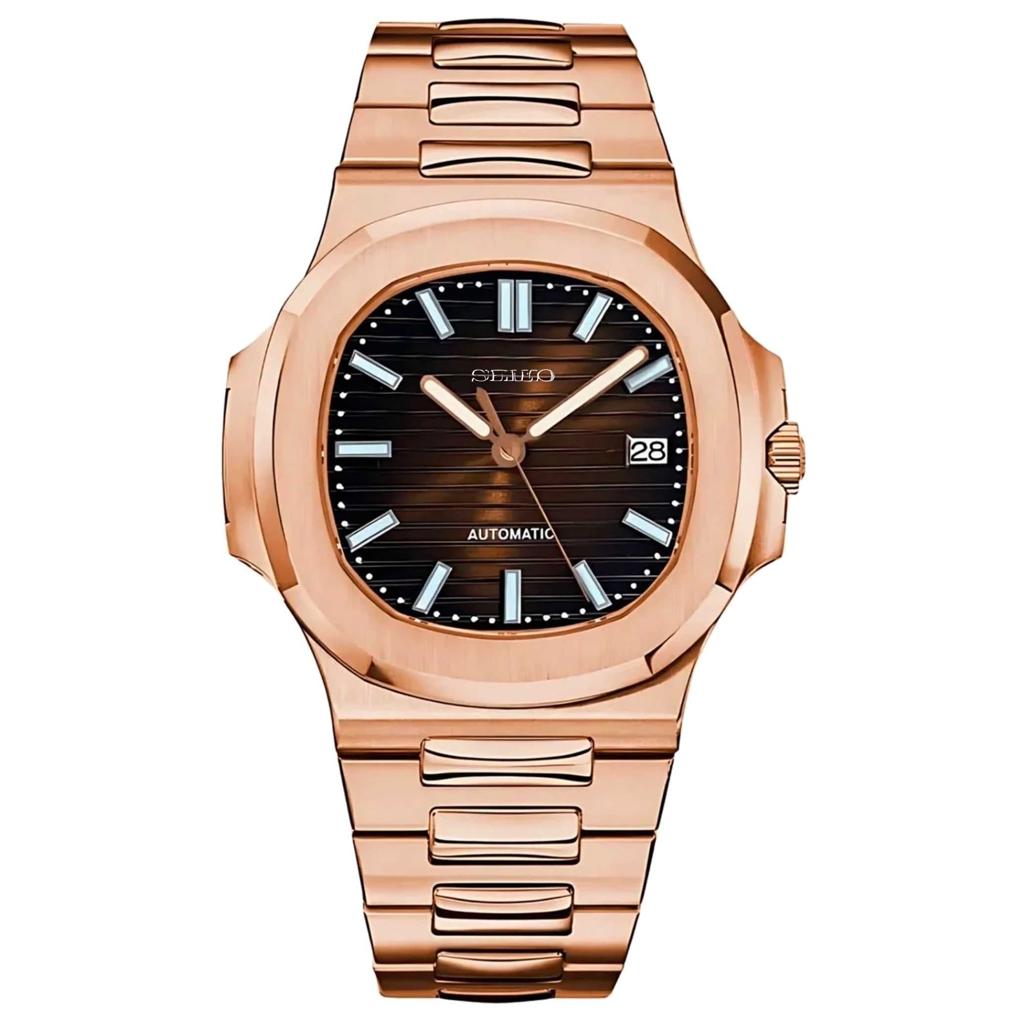 Vue de face montre SEIKMOD Nautilus Or Rose NH35, index luminescents et aiguilles dorées”