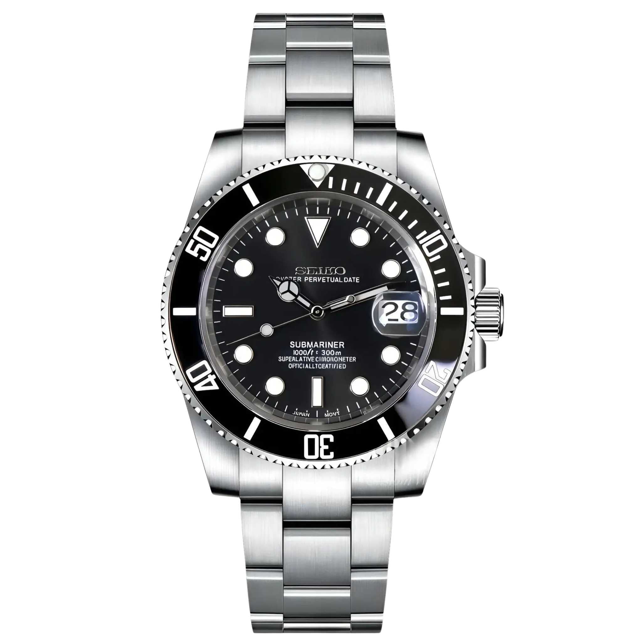 “Montre SEIKMOD Submariner Noir équipée du mouvement automatique Seiko NH35, cadran noir et lunette céramique, assemblée à la main en France”