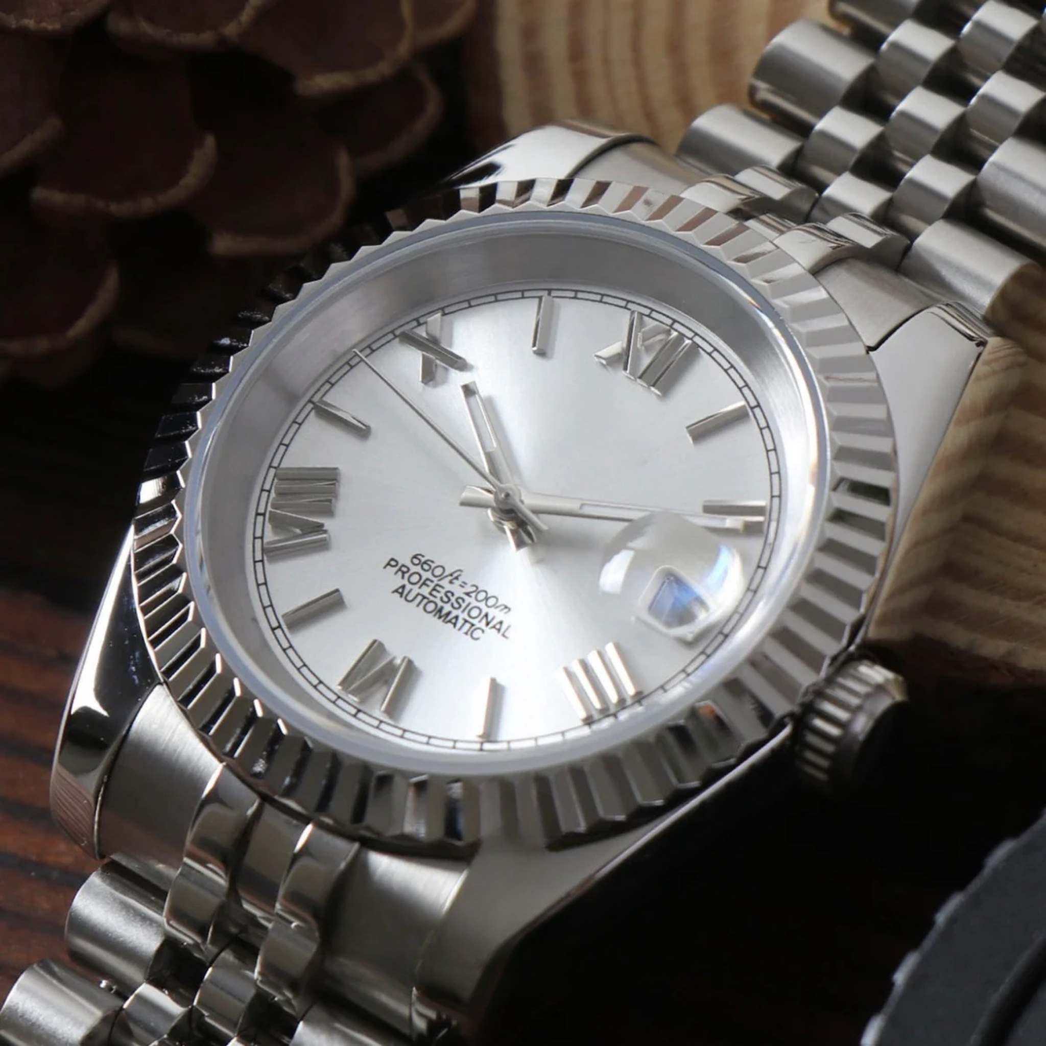 “Cadran gris de la montre SEIKMOD Datejust Chiffres Romains NH35 avec chiffres romains argentés et aiguilles luminescentes”
