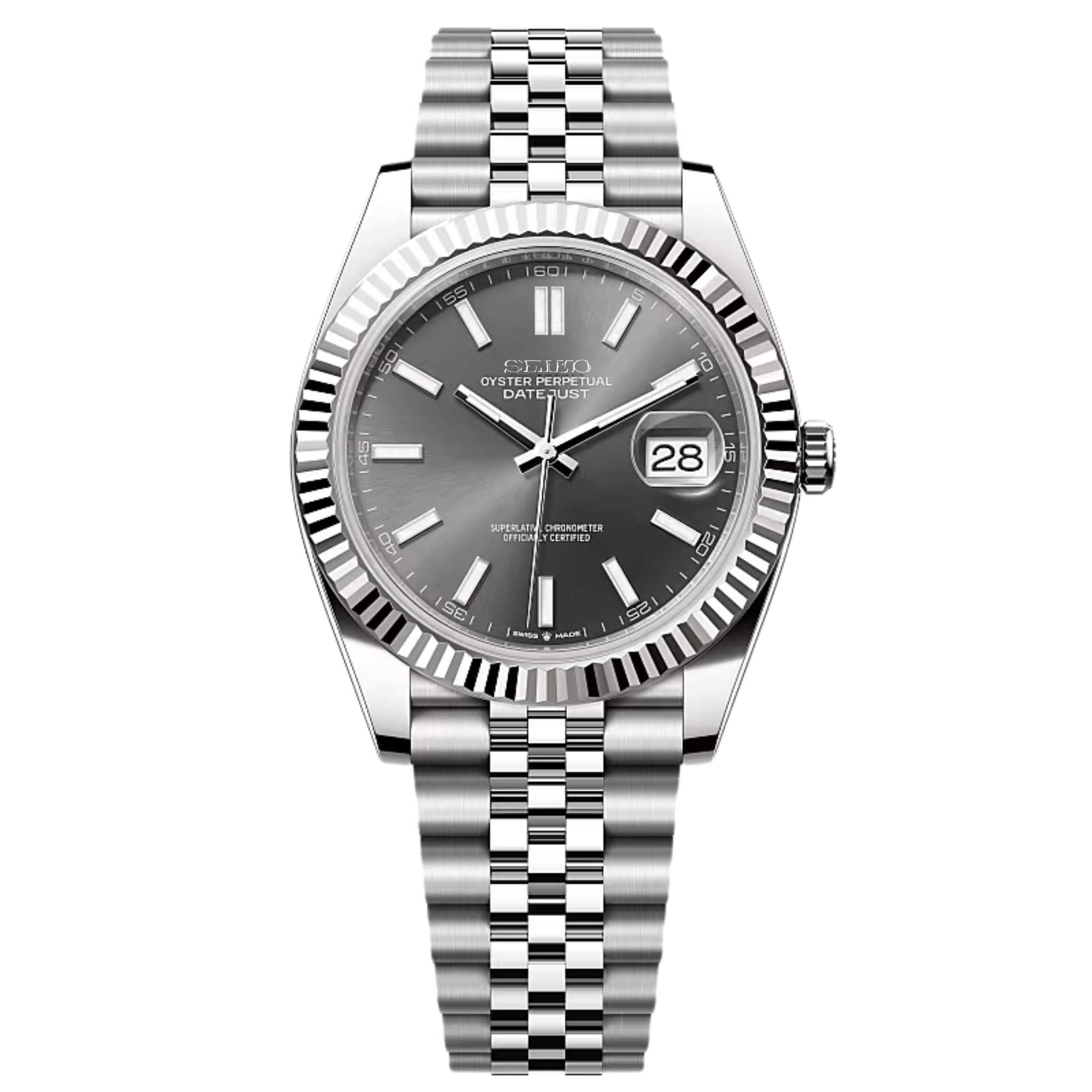 “Montre SEIKMOD Datejust Gris NH35 vue de face, assemblée à la main en France, cadran gris et boîtier acier poli”