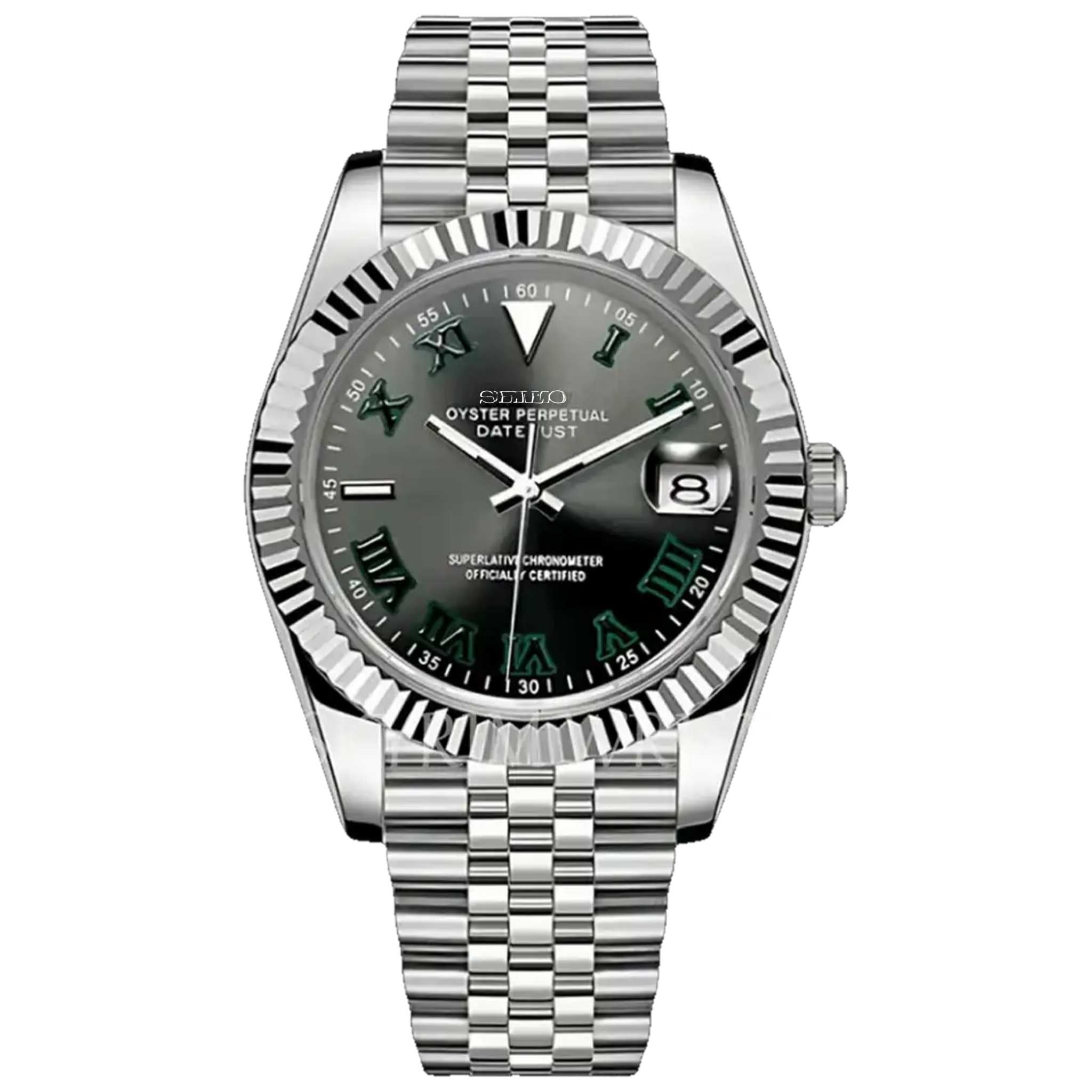 “Montre SEIKMOD Datejust Wimbledon NH35 vue de face, assemblée à la main en France, cadran gris et vert inspiré du modèle Wimbledon, boîtier acier poli”
