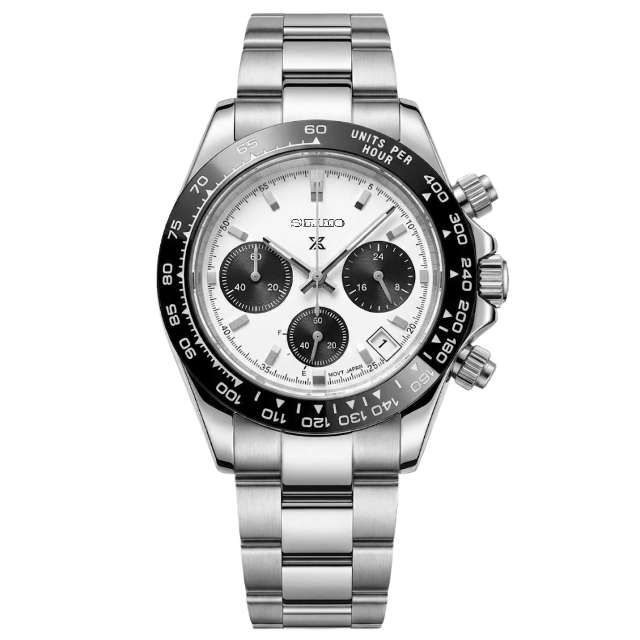 “Montre SEIKMOD Daytona Panda Blanc équipée du mouvement chronographe Seiko VK63, cadran blanc avec compteurs noirs et lunette tachymétrique, assemblée à la main en France”