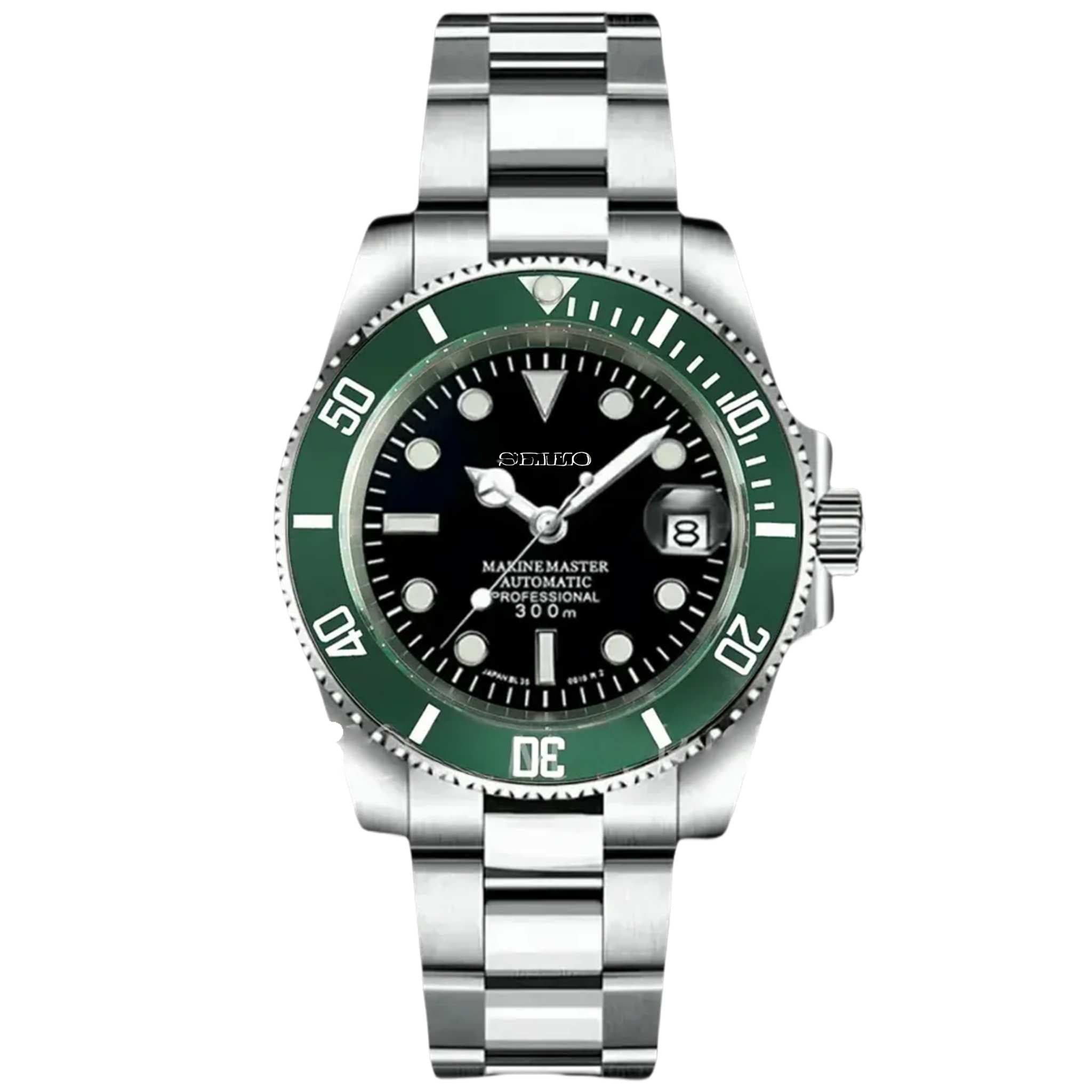 “Montre SEIKMOD Submariner Starbucks équipée du mouvement automatique Seiko NH35, cadran vert et lunette céramique bicolore noire et verte, assemblée à la main en France”