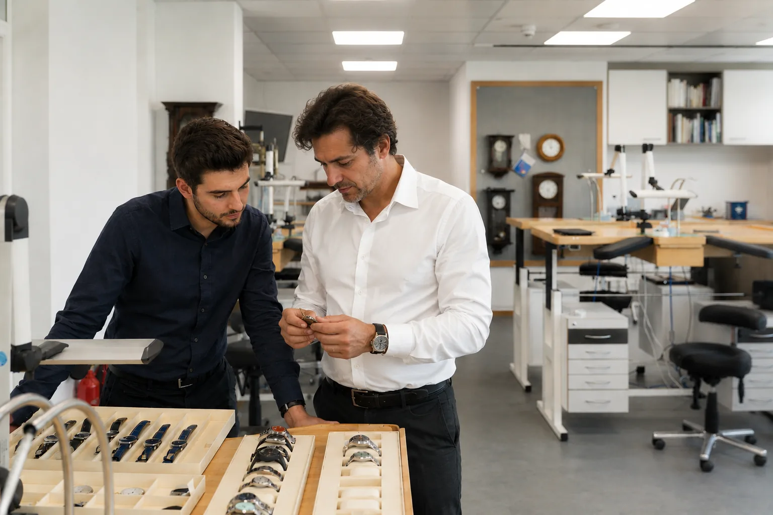 Contrôle d’une montre dans l’atelier Modus Horlogerie