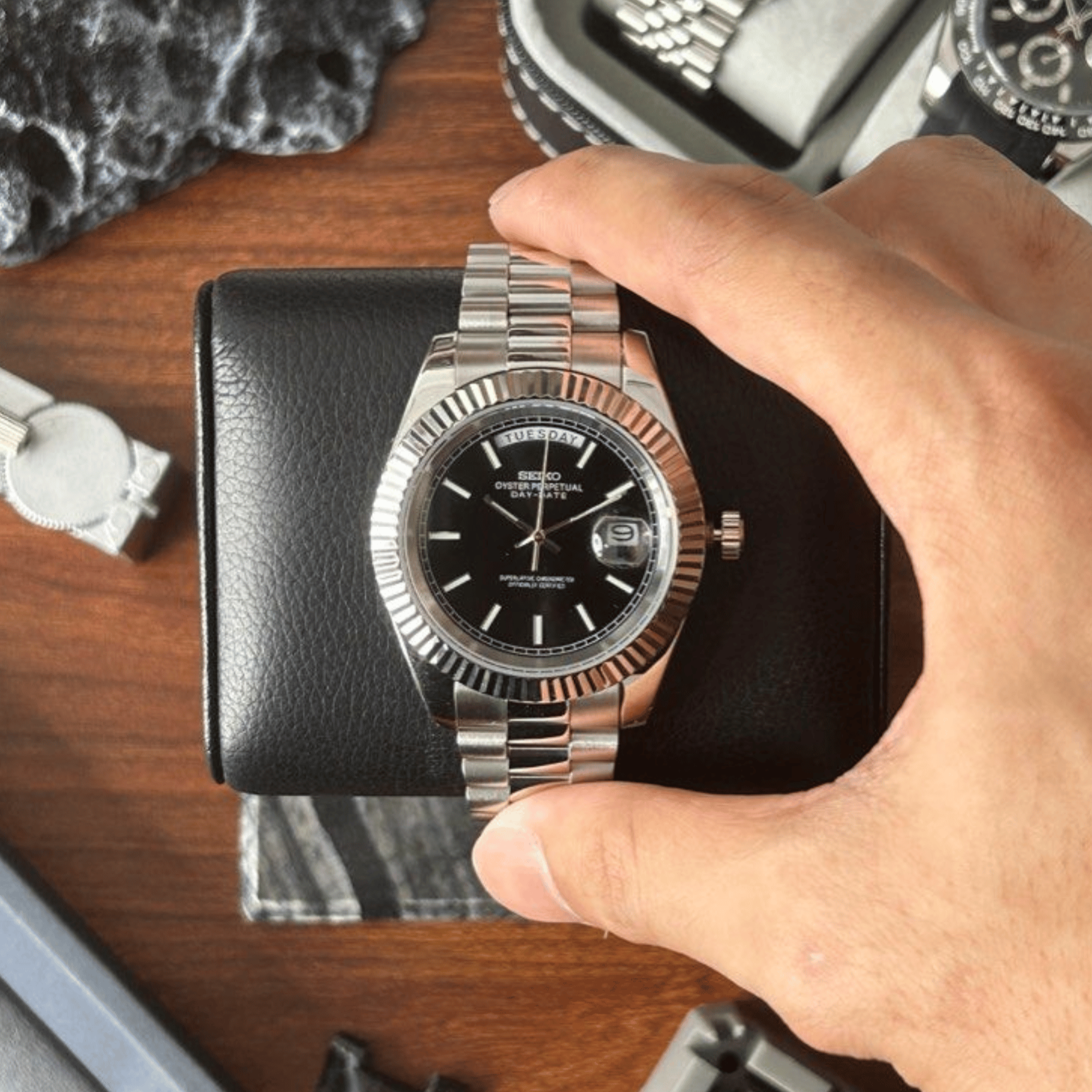 Seiko Mod Day Date Black and Silver 36/40mm | Miyota 8285 Automatic