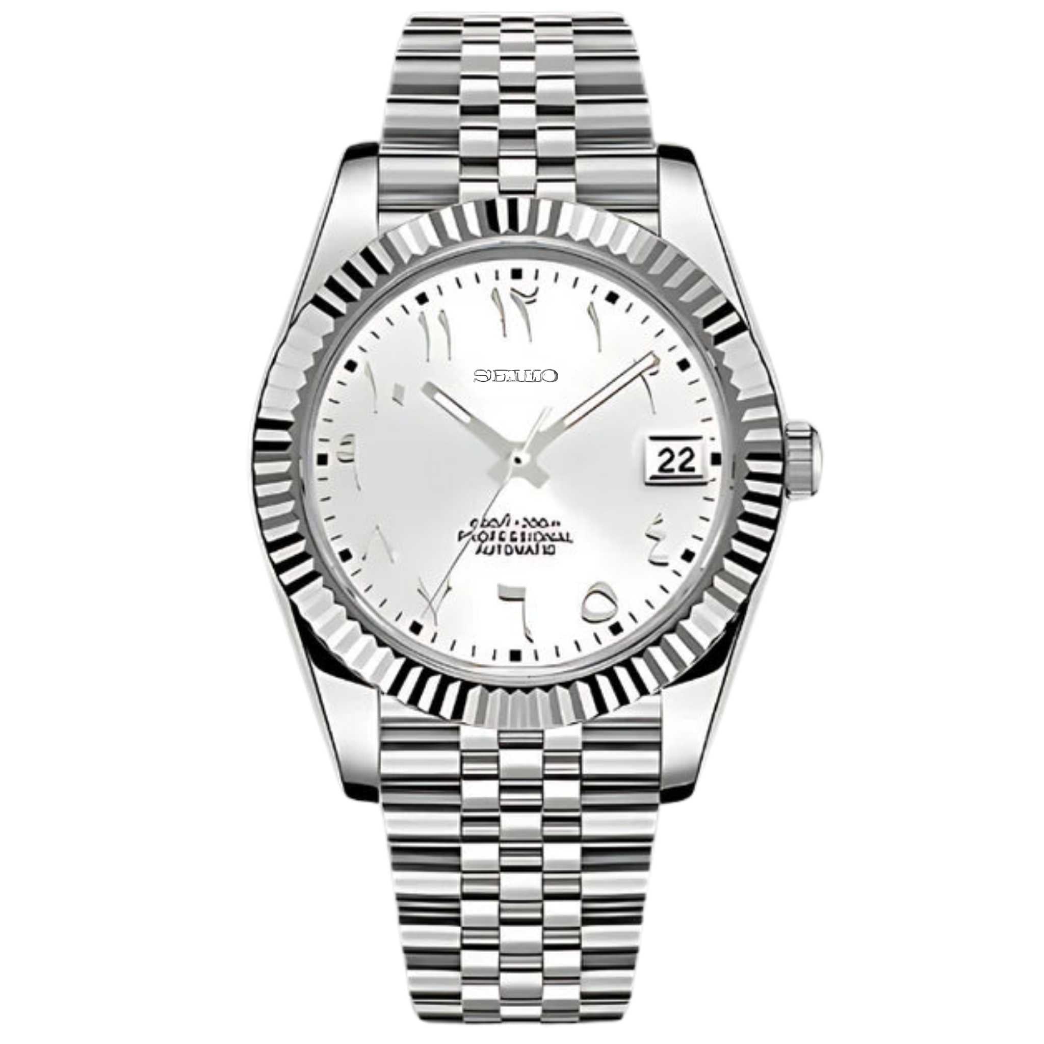 “Montre SEIKMOD Datejust Arabic Argent NH35 vue de face, assemblée à la main en France, cadran argenté avec chiffres arabes et boîtier acier poli”