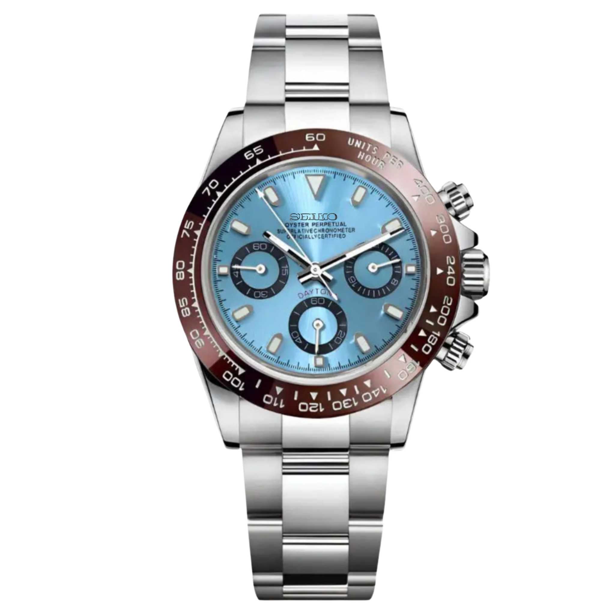 “Montre SEIKMOD Daytona Bleu Ciel équipée du mouvement chronographe Seiko VK63, cadran bleu clair et lunette argentée, assemblée à la main en France”