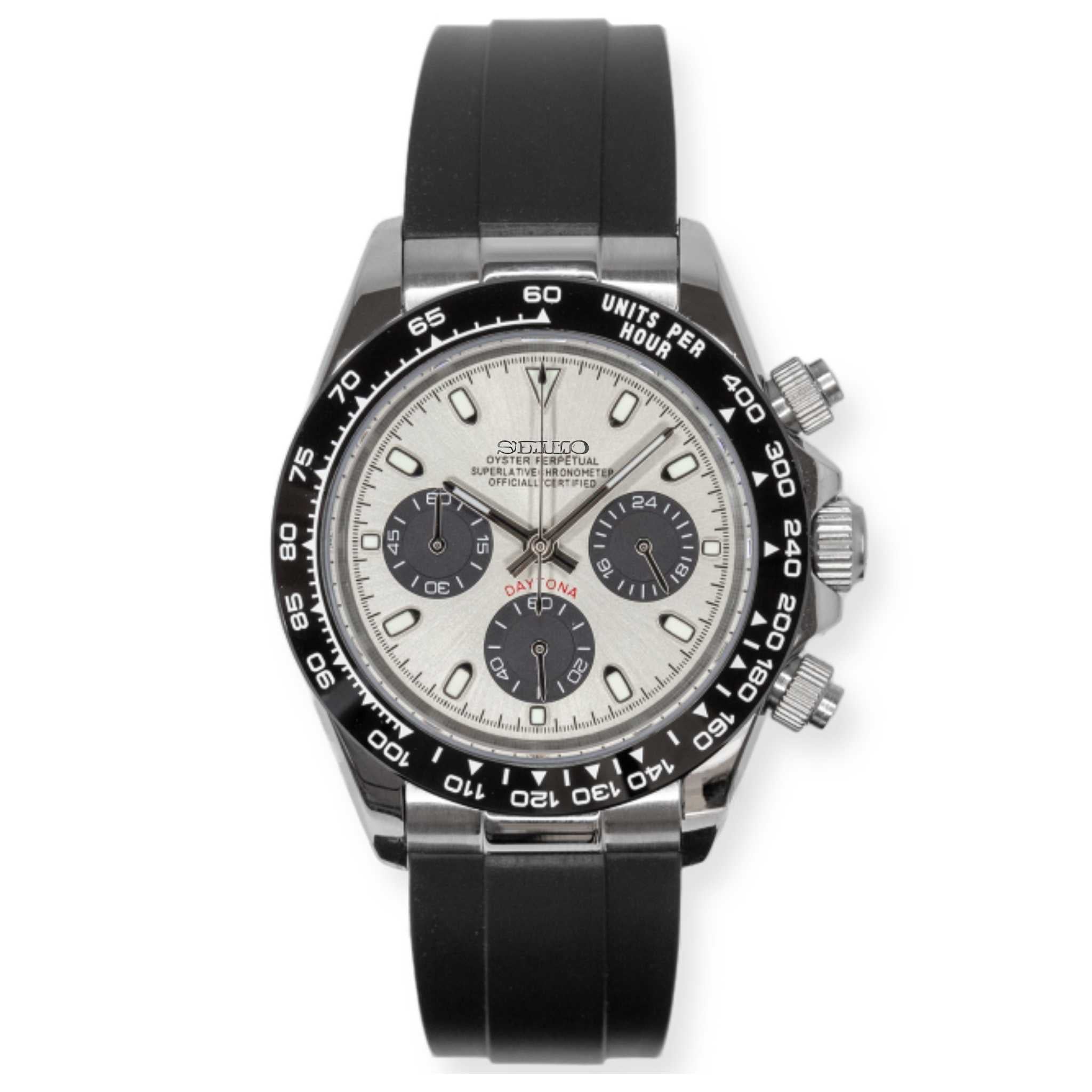 “Montre SEIKMOD Daytona Gris Oysterflex équipée du mouvement chronographe Seiko VK63, cadran gris et boîtier acier poli, assemblée à la main en France”