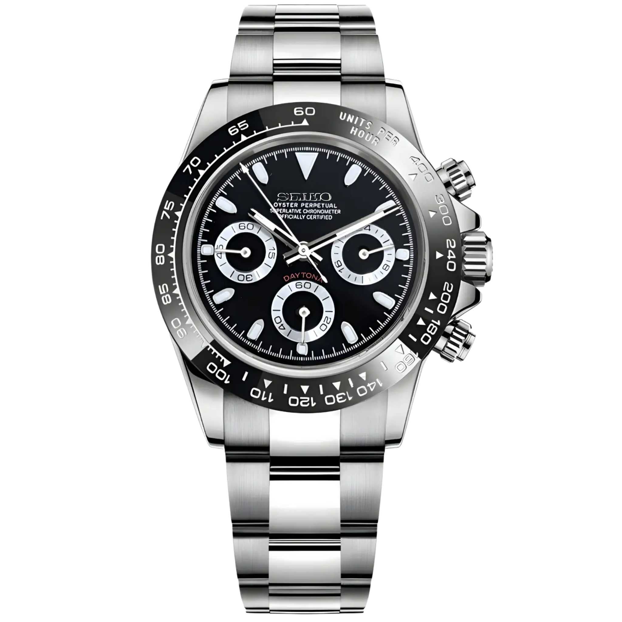 “Montre SEIKMOD Daytona Noir équipée du mouvement chronographe Seiko VK63, cadran noir brillant et lunette tachymétrique, assemblée à la main en France”
