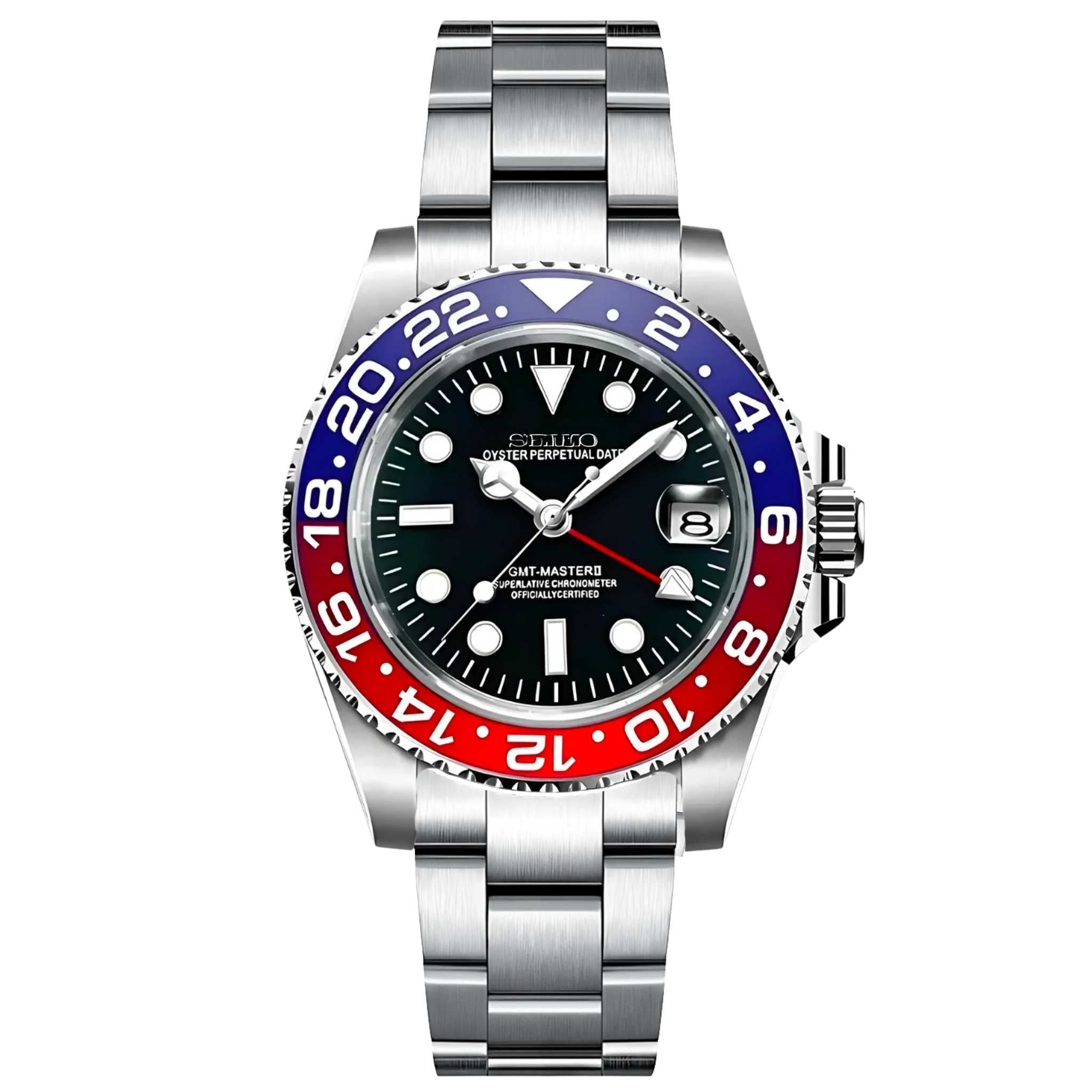 Montre SEIKMOD GMT Pepsi vue de face, mouvement automatique NH34, assemblée en France