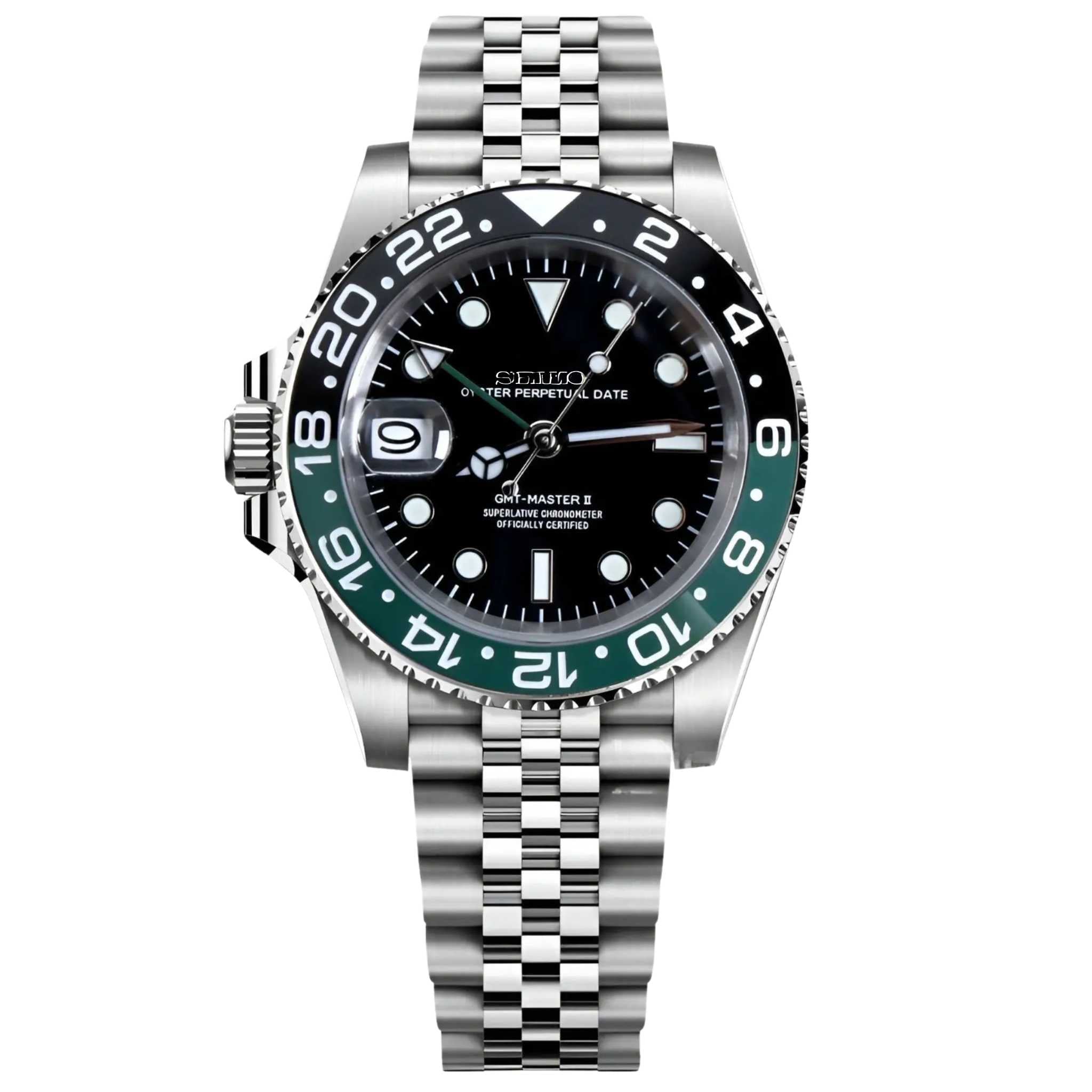 Montre SEIKMOD GMT Sprite vue de face, mouvement automatique NH34, assemblée en France