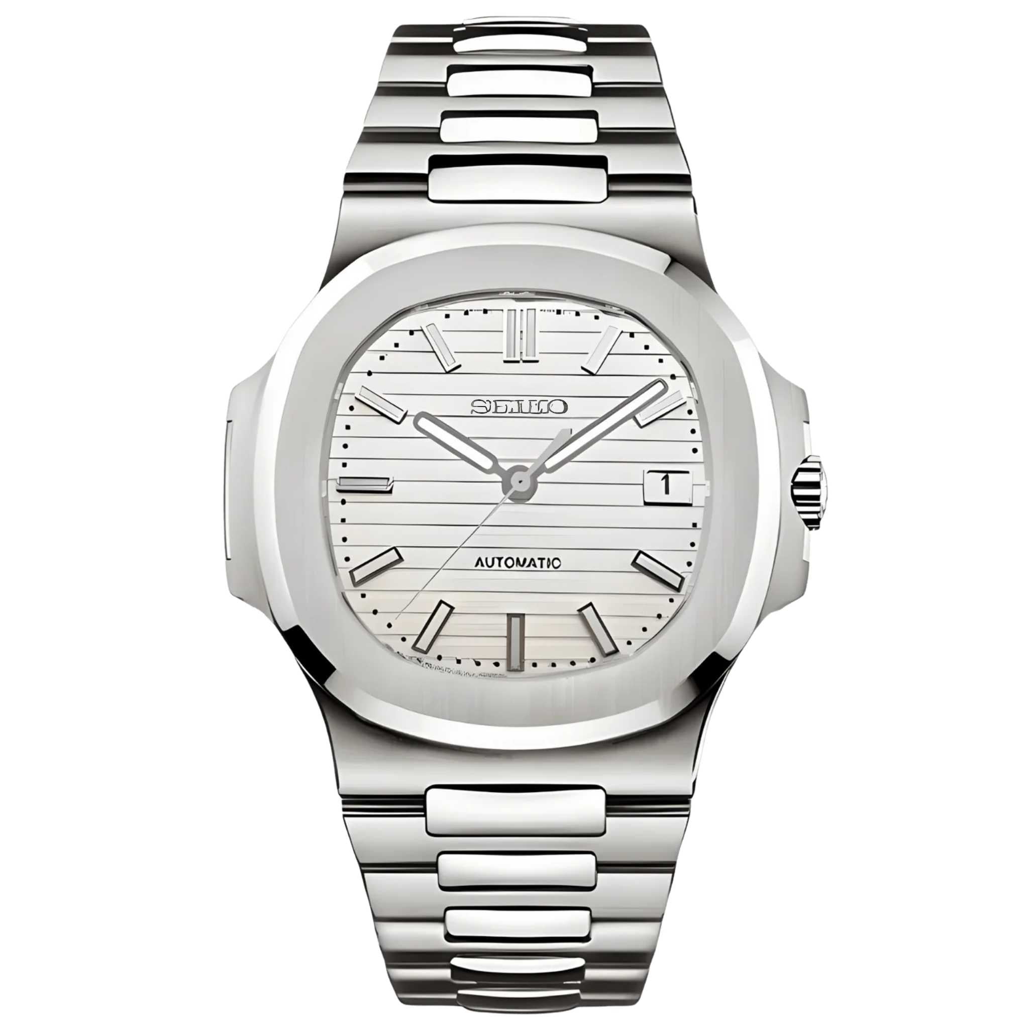 “Montre SEIKMOD Nautilus Blanc équipée du mouvement automatique Seiko NH35, cadran blanc mat et boîtier acier poli, assemblée à la main en France”