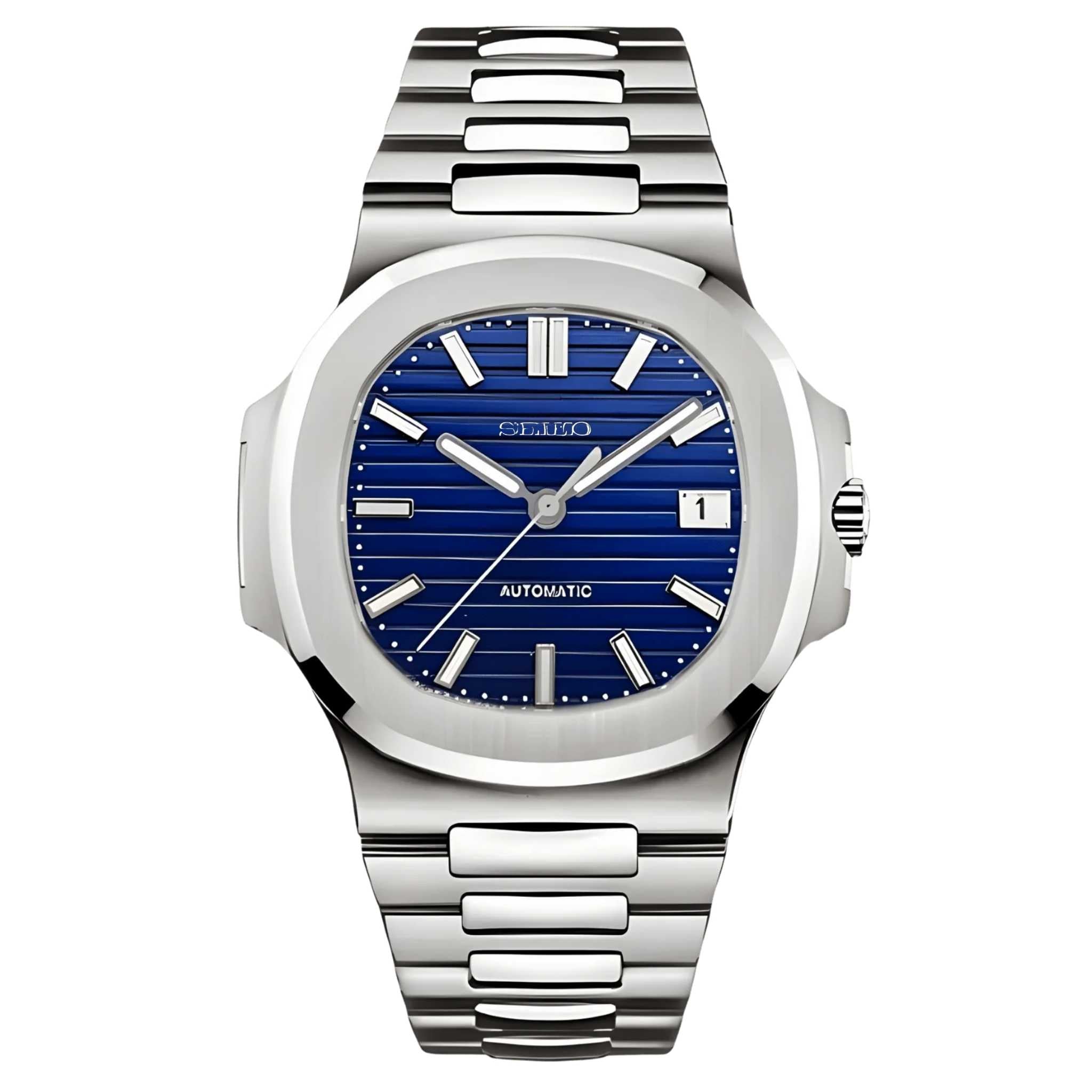 “Montre Modus Nautilus Bleu équipée du mouvement automatique Seiko NH35, cadran bleu marine et boîtier acier poli, assemblée à la main en France”