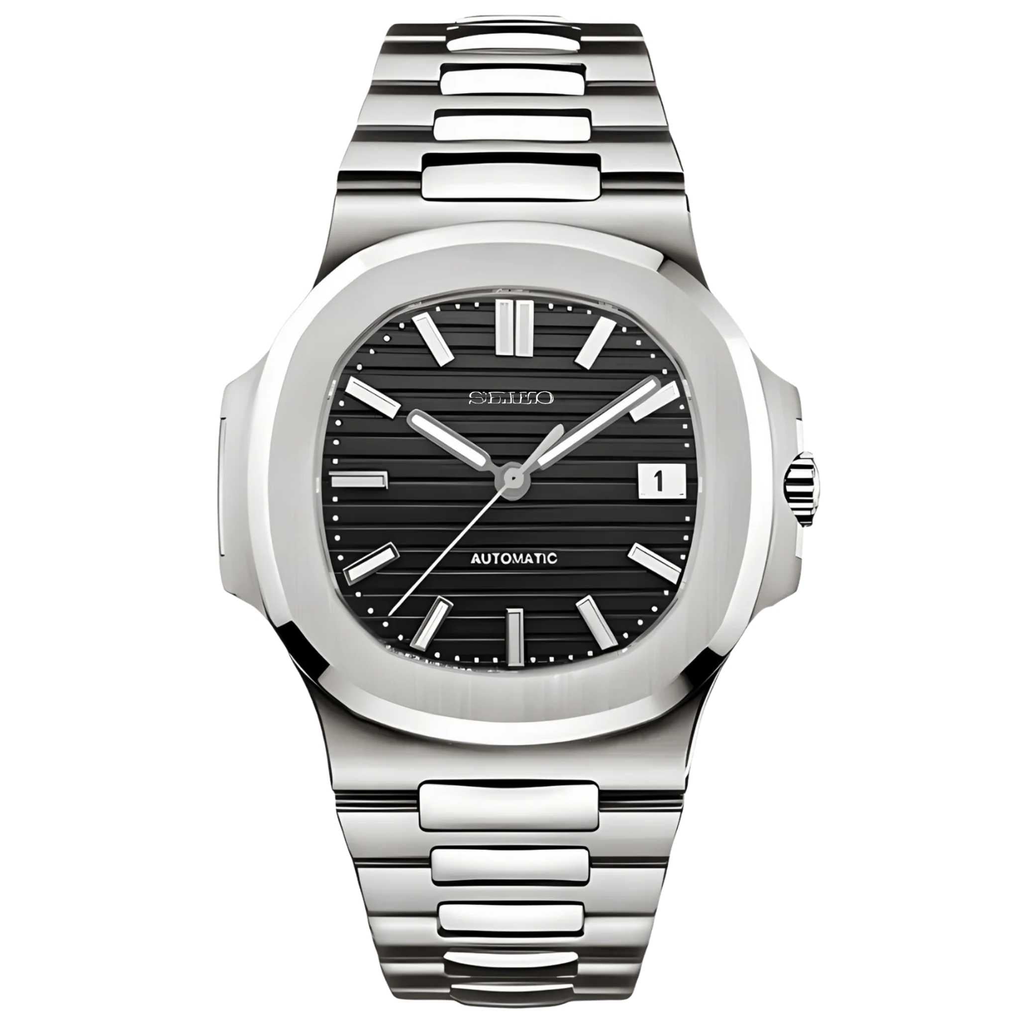 “Montre Modus Nautilus Noir équipée du mouvement automatique Seiko NH35, cadran noir à texture horizontale et boîtier acier poli, assemblée à la main en France”