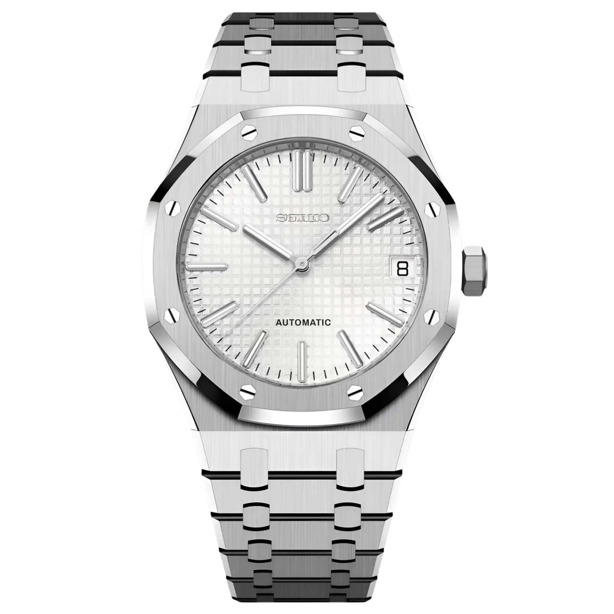 Montre SEIKMOD Royal Oak Blanc NH35 vue de face, assemblée à la main en France, cadran blanc et boîtier acier brossé”