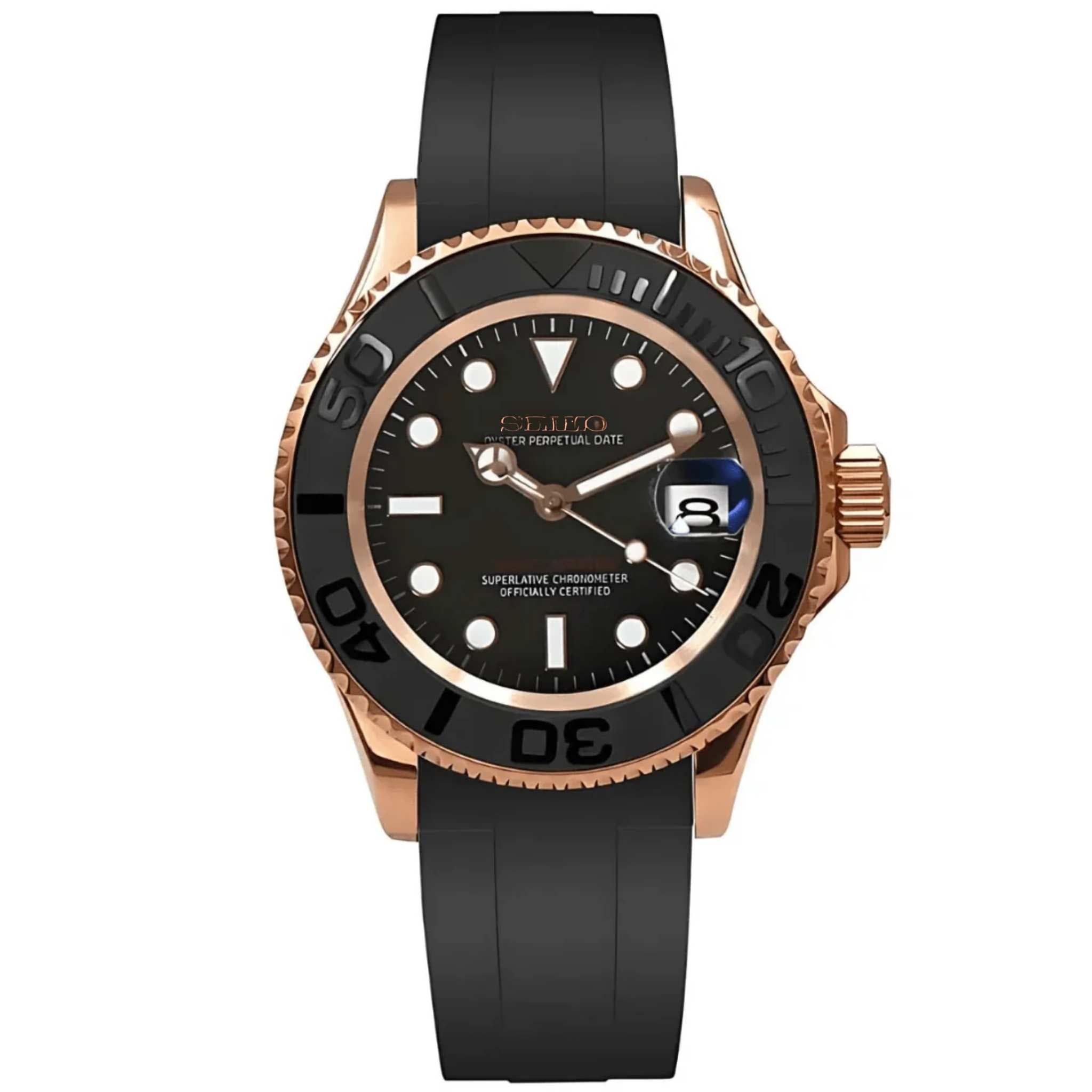 Montre SEIKMOD Yacht-Master Noir Or Rose automatique NH35, assemblée à la main en France.