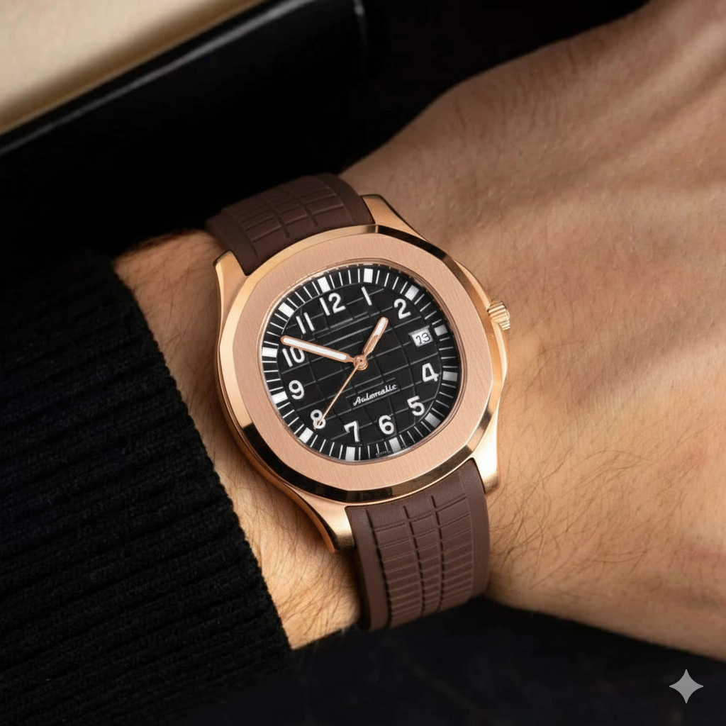 Montre SEIKMOD Aquanaut Marron Or Rose équipée du mouvement automatique NH35 portée au poignet.