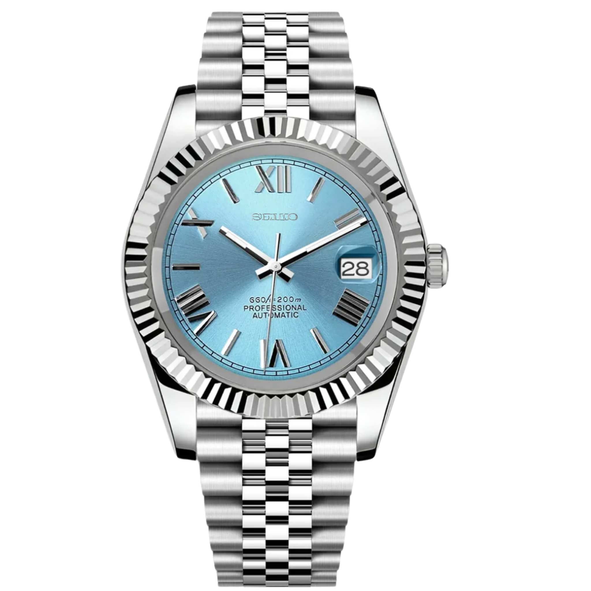 “Montre SEIKMOD Datejust Chiffres Romains Bleu NH35 vue de face, assemblée à la main en France, cadran bleu avec chiffres romains argentés et boîtier acier poli”