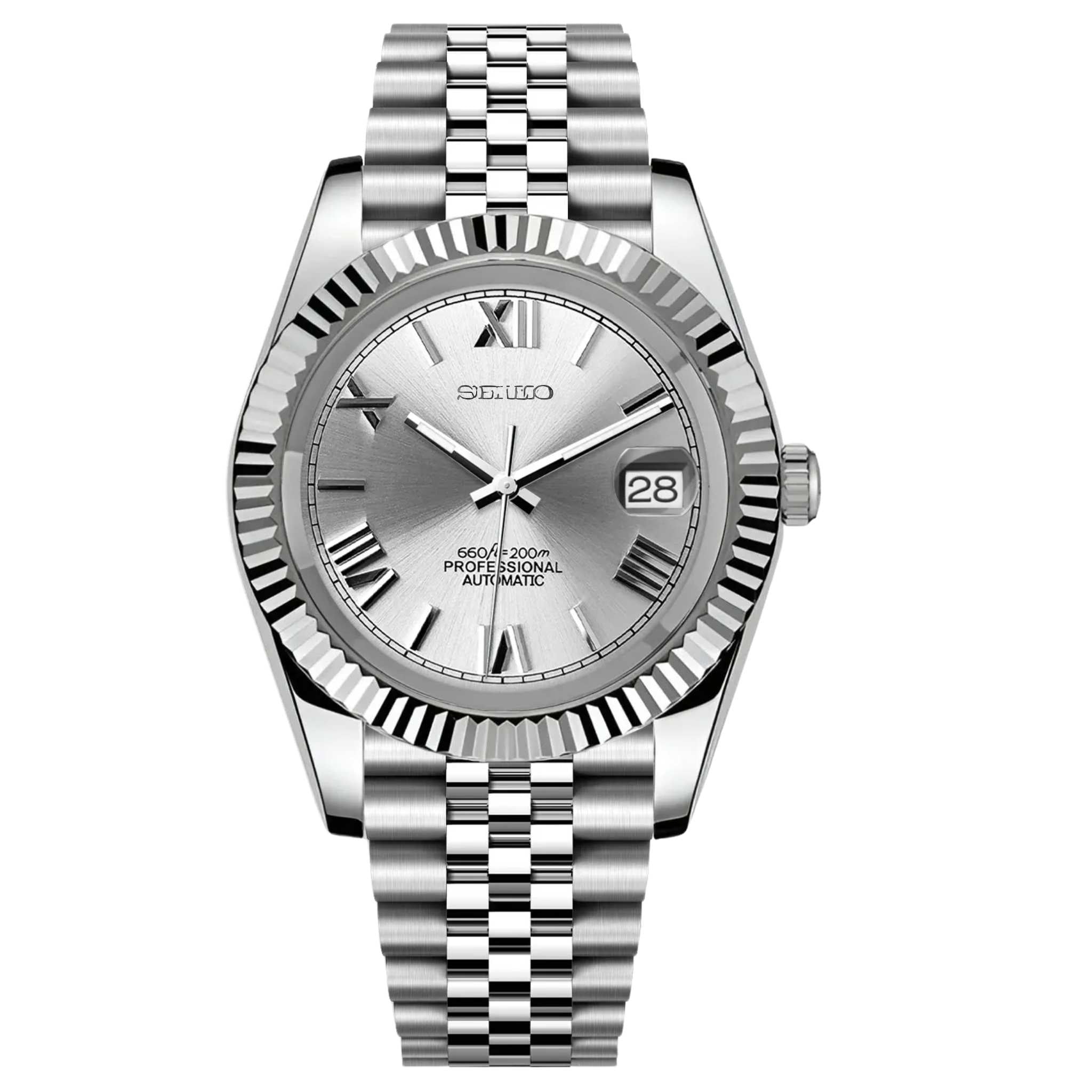 “Montre SEIKMOD Datejust Chiffres Romains Gris NH35 vue de face, assemblée à la main en France, cadran gris avec chiffres romains argentés et boîtier acier poli”