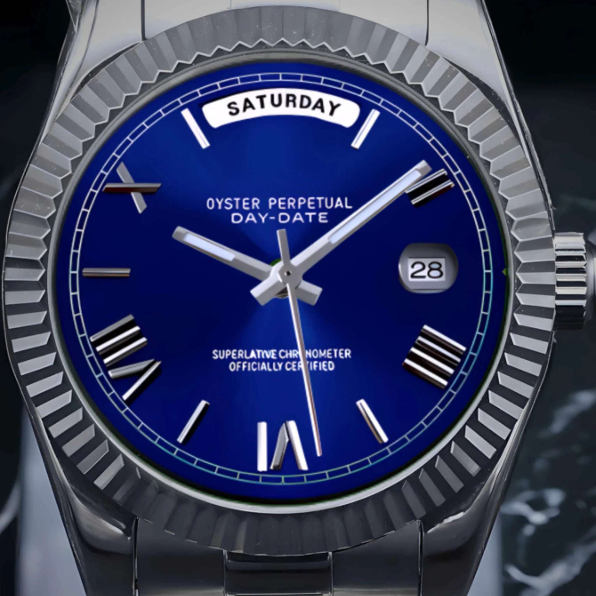 “Cadran bleu de la montre SEIKMOD Daydate Chiffres Romains Miyota 8285 avec chiffres romains argentés et double guichet jour/date”