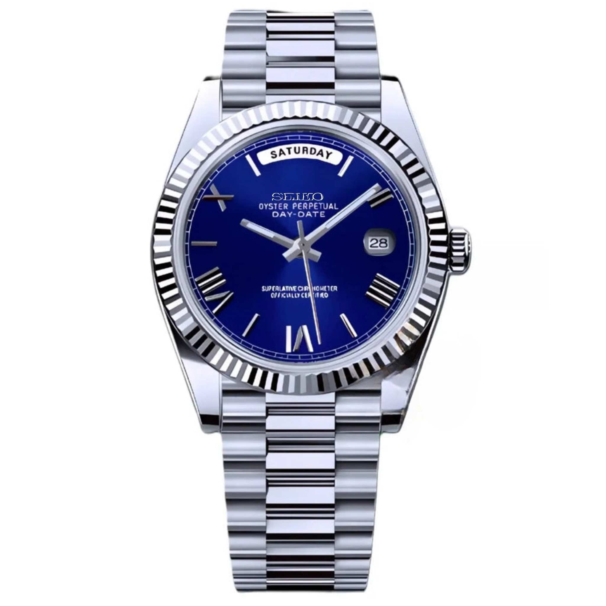 “Montre SEIKMOD Daydate Chiffres Romains Bleu équipée du mouvement automatique CITIZEN Miyota 8285, cadran bleu et boîtier acier poli assemblée à la main en France”