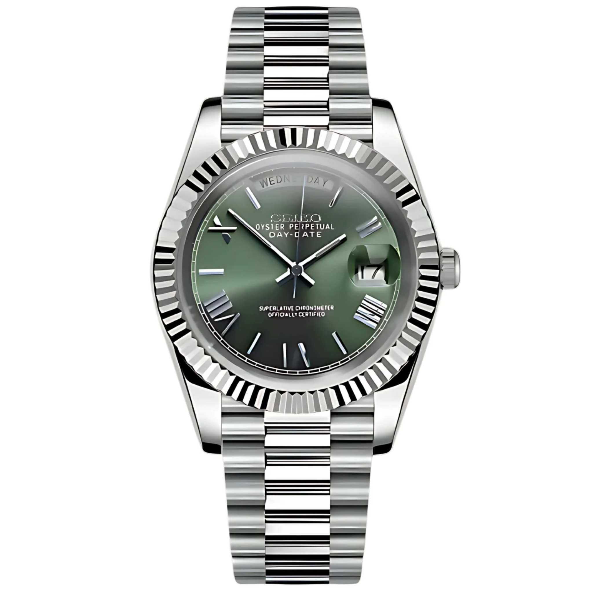 “Montre Modus Daydate Chiffres Romains Kaki équipée du mouvement automatique CITIZEN Miyota 8285, cadran kaki et boîtier acier poli, assemblée à la main en France”