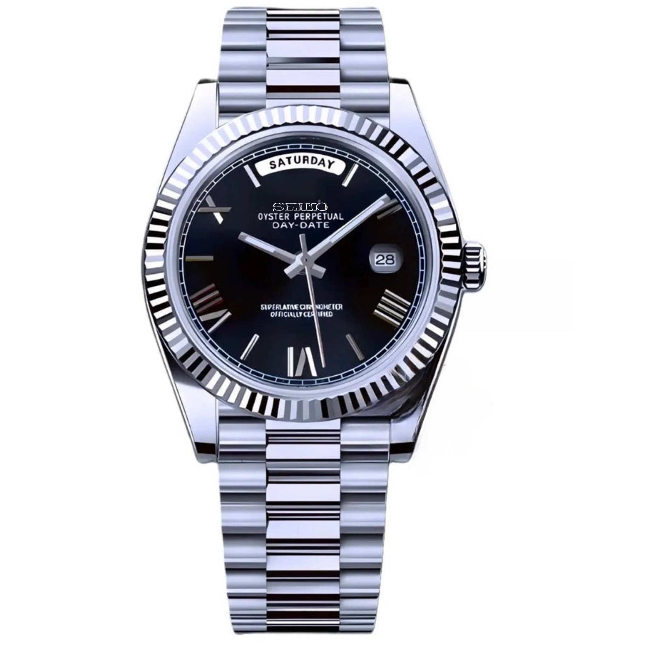 “Montre SEIKMOD Daydate Chiffres Romains Noir équipée du mouvement automatique CITIZEN Miyota 8285, cadran noir et boîtier acier poli, assemblée à la main en France”