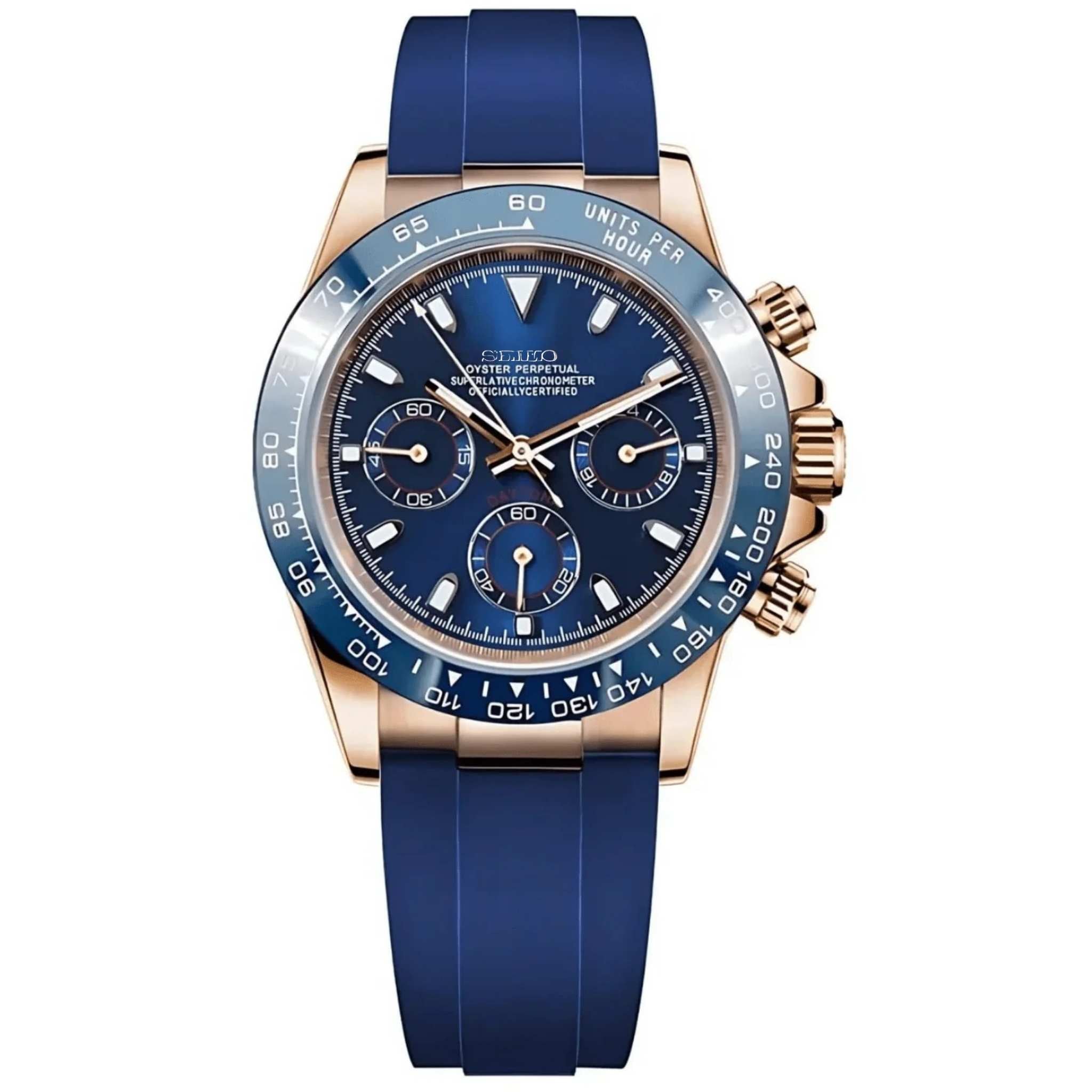 “Montre SEIKMOD Daytona Bleu Or Rose Oysterflex équipée du mouvement chronographe Seiko VK63, cadran bleu et boîtier or rose poli, assemblée à la main en France”