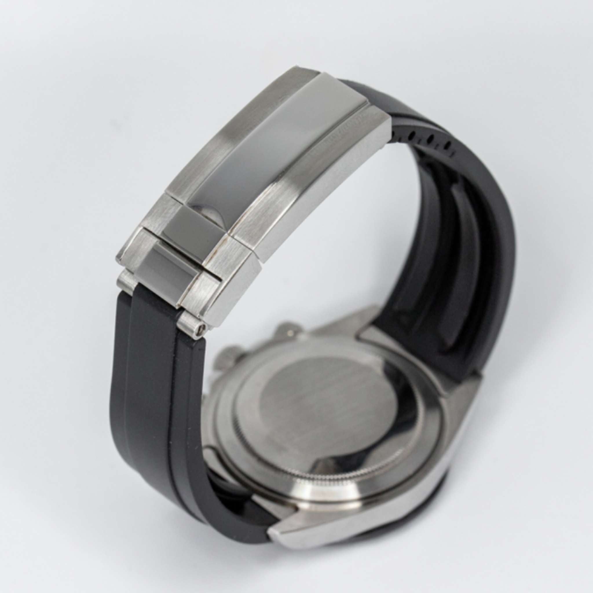 “Bracelet Oysterflex noir et fond poli de la montre SEIKMOD Daytona Gris VK63, chronographe méca-quartz fiable et précis”