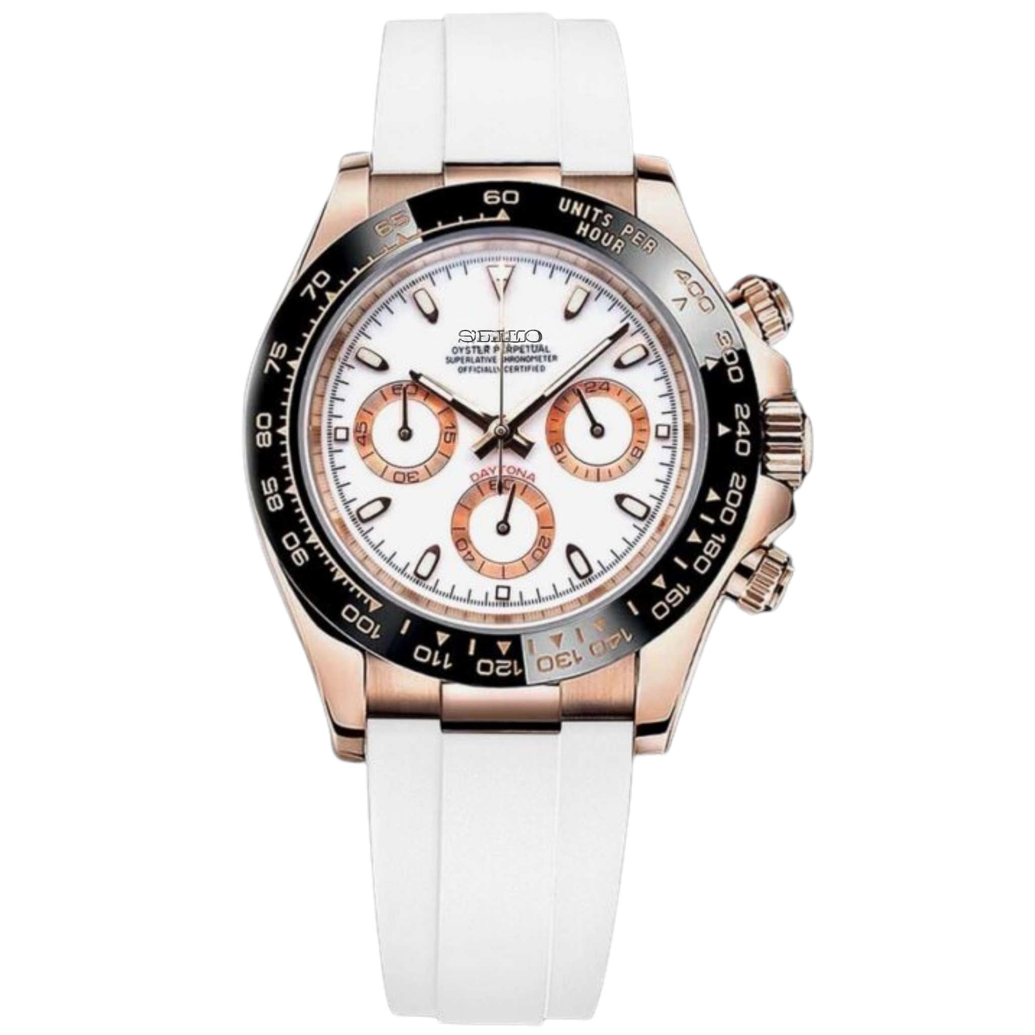 Montre Seikmod Daytona Or Rose Blanc Oysterflex fabriquée en France, atelier Modus Horlogerie, mouvement VK3