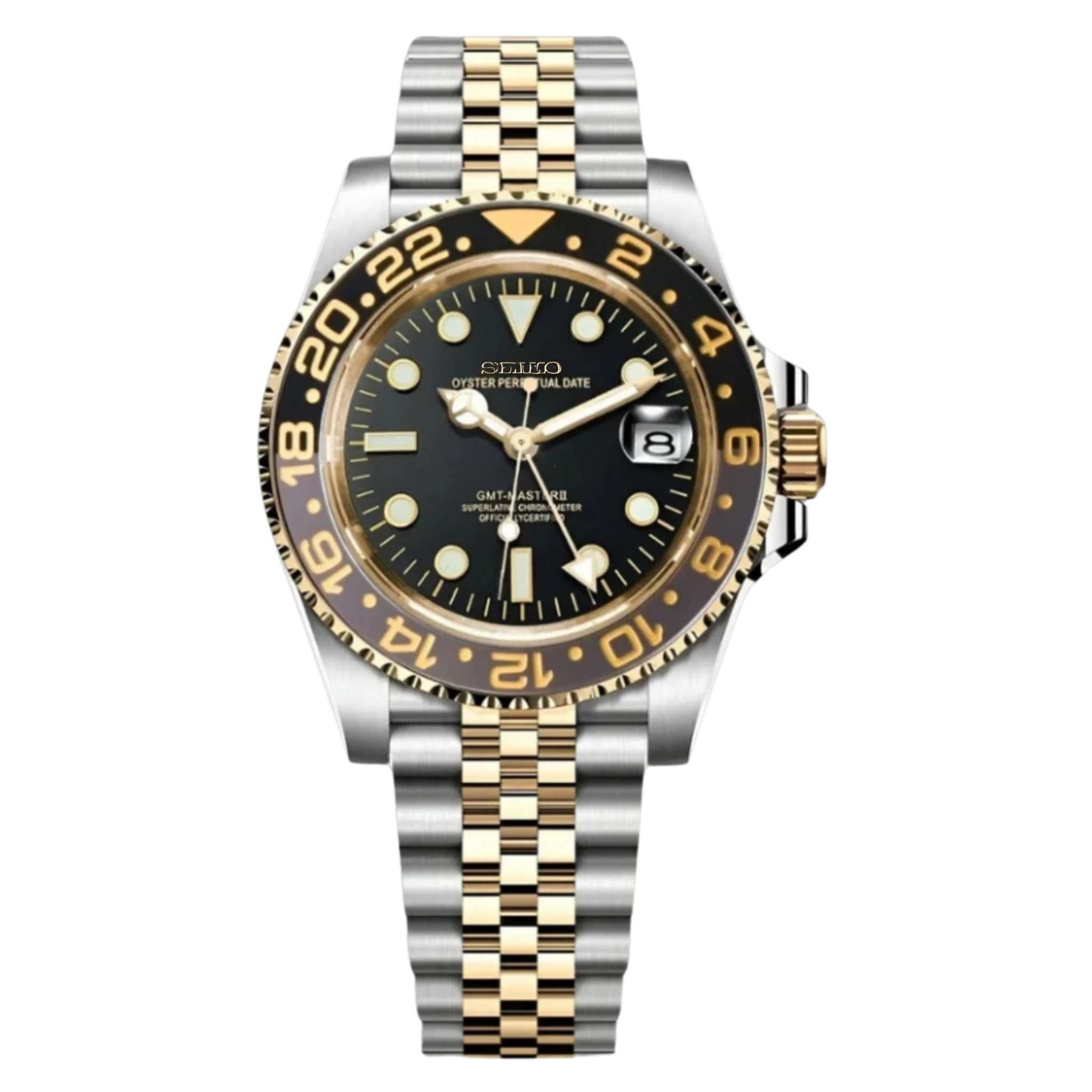 Montre SEIKMOD GMT Bruce Wayne Or vue de face, mouvement automatique NH34, assemblée en France