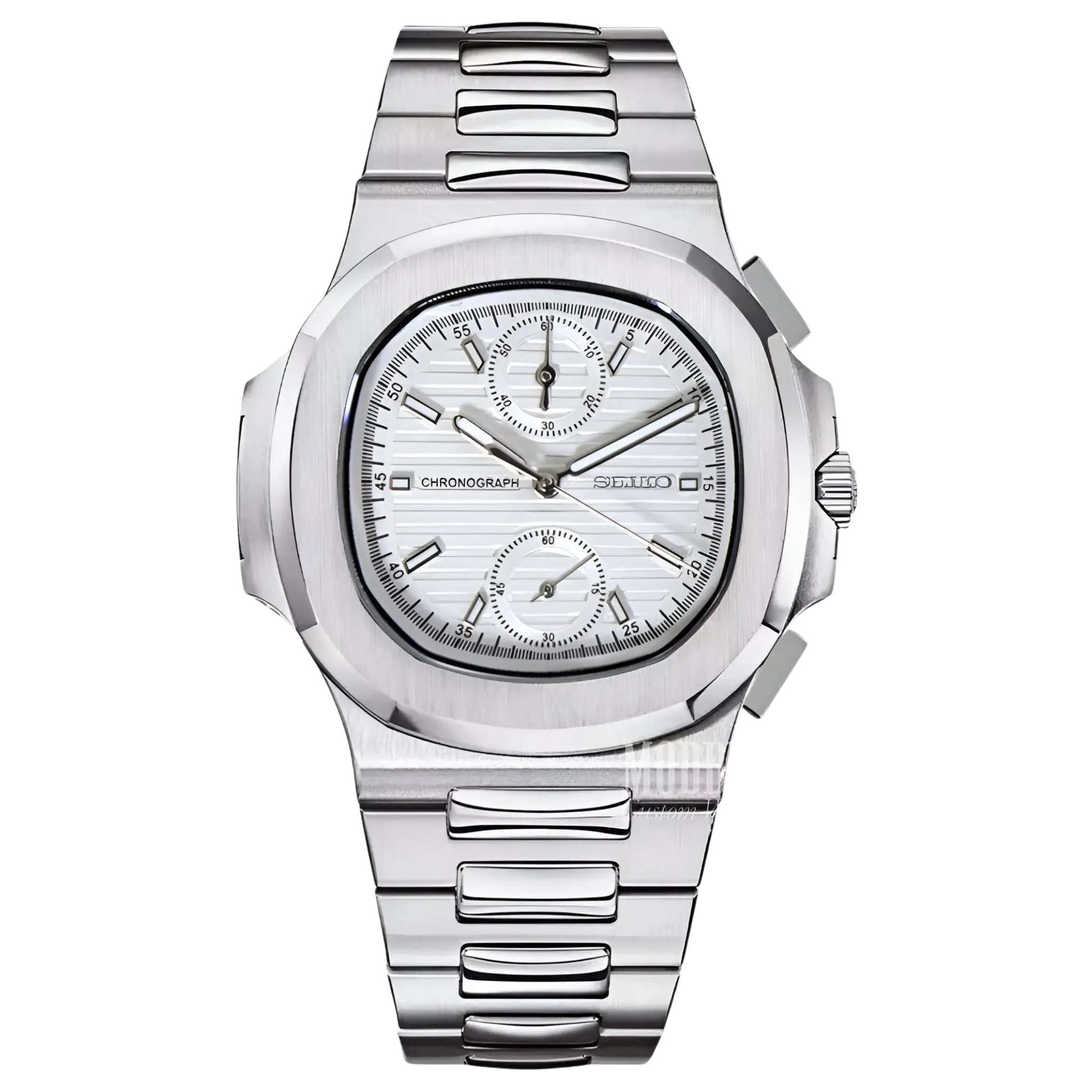 “Montre SEIKMOD Nautilus Chronographe Blanc équipée du mouvement Seiko VK63, cadran blanc avec compteurs argentés et boîtier acier poli, assemblée à la main en France”