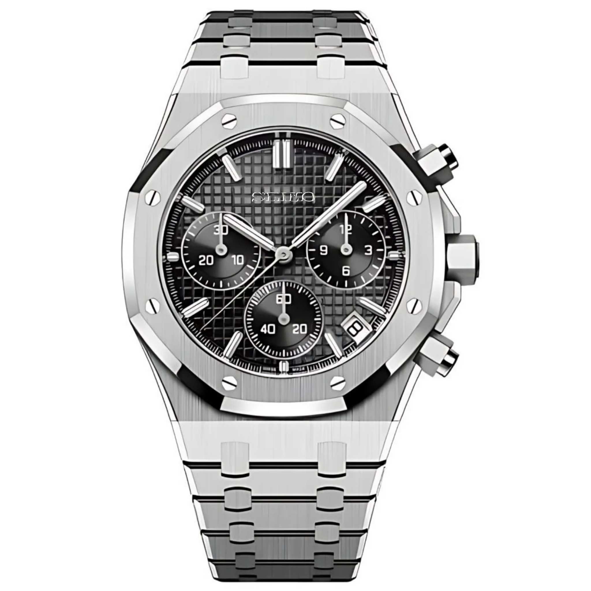 “Montre SEIKMOD Royal Oak Chrono Noir VK63 vue de face, assemblée à la main en France”