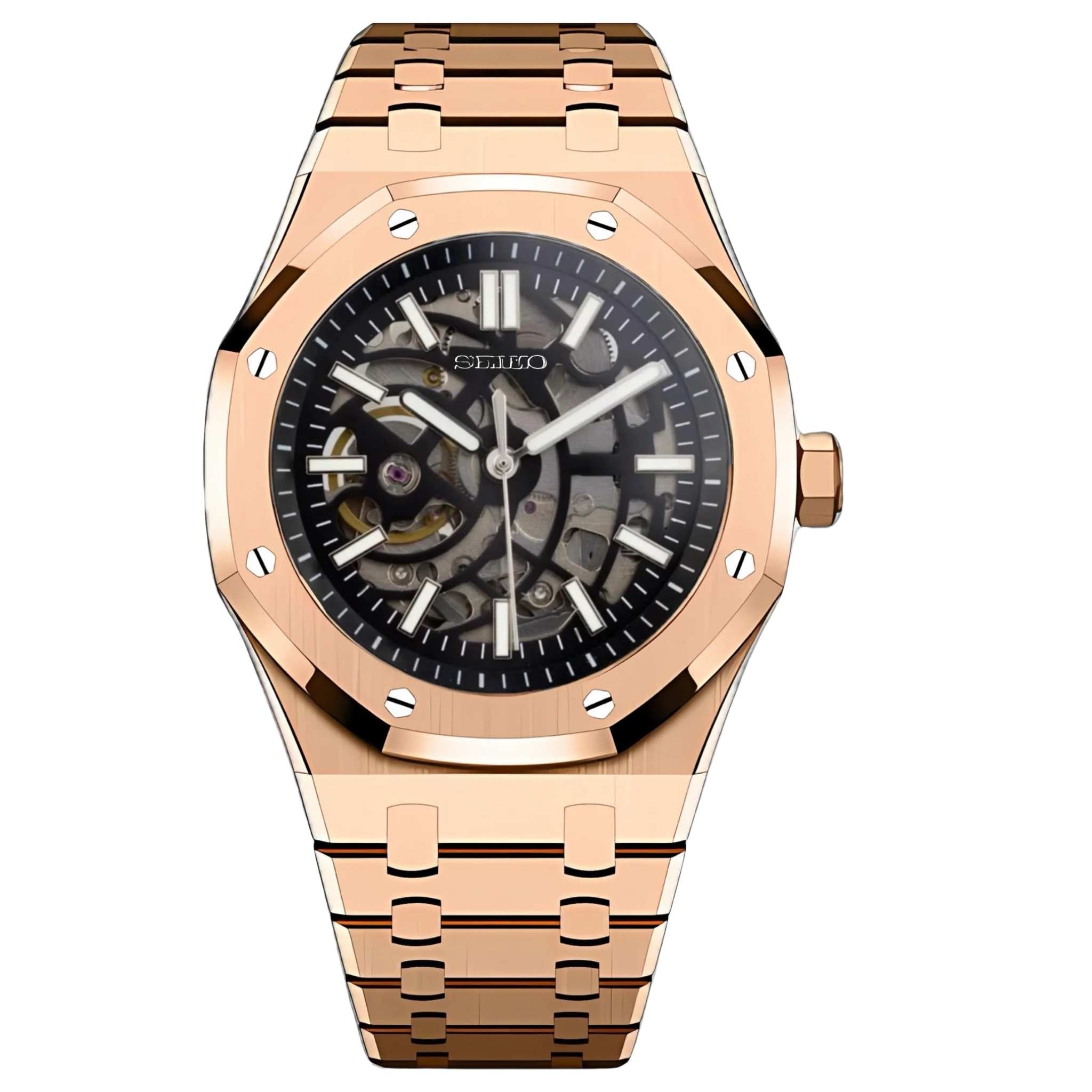 “Montre SEIKMOD Royal Oak Squelette Or Rose NH70 vue de face, assemblée à la main en France, cadran ajouré et boîtier acier or rose”