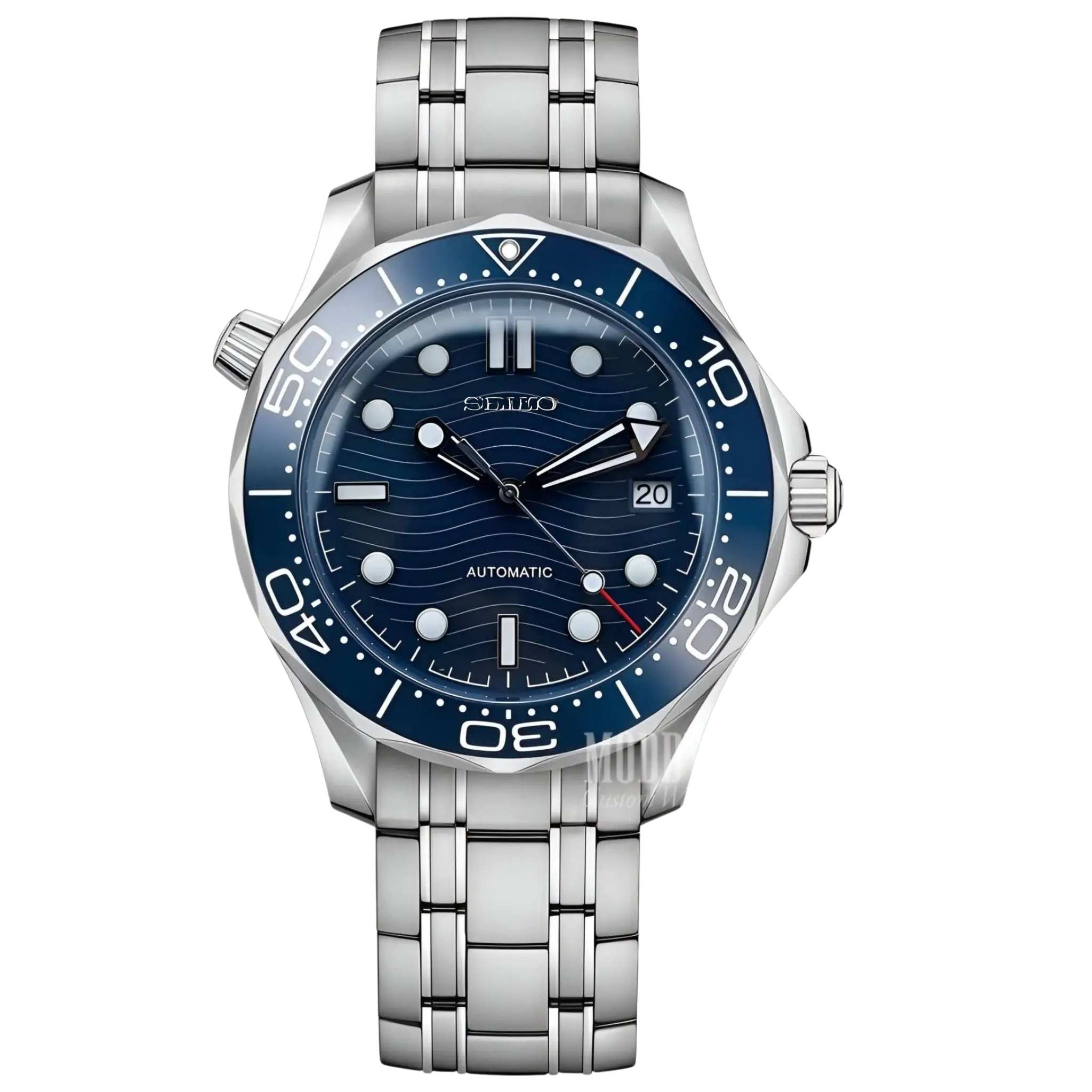 “Montre Modus Seamaster Bleu équipée du mouvement automatique Seiko NH35, cadran bleu océan et lunette céramique bleue, assemblée à la main en France”