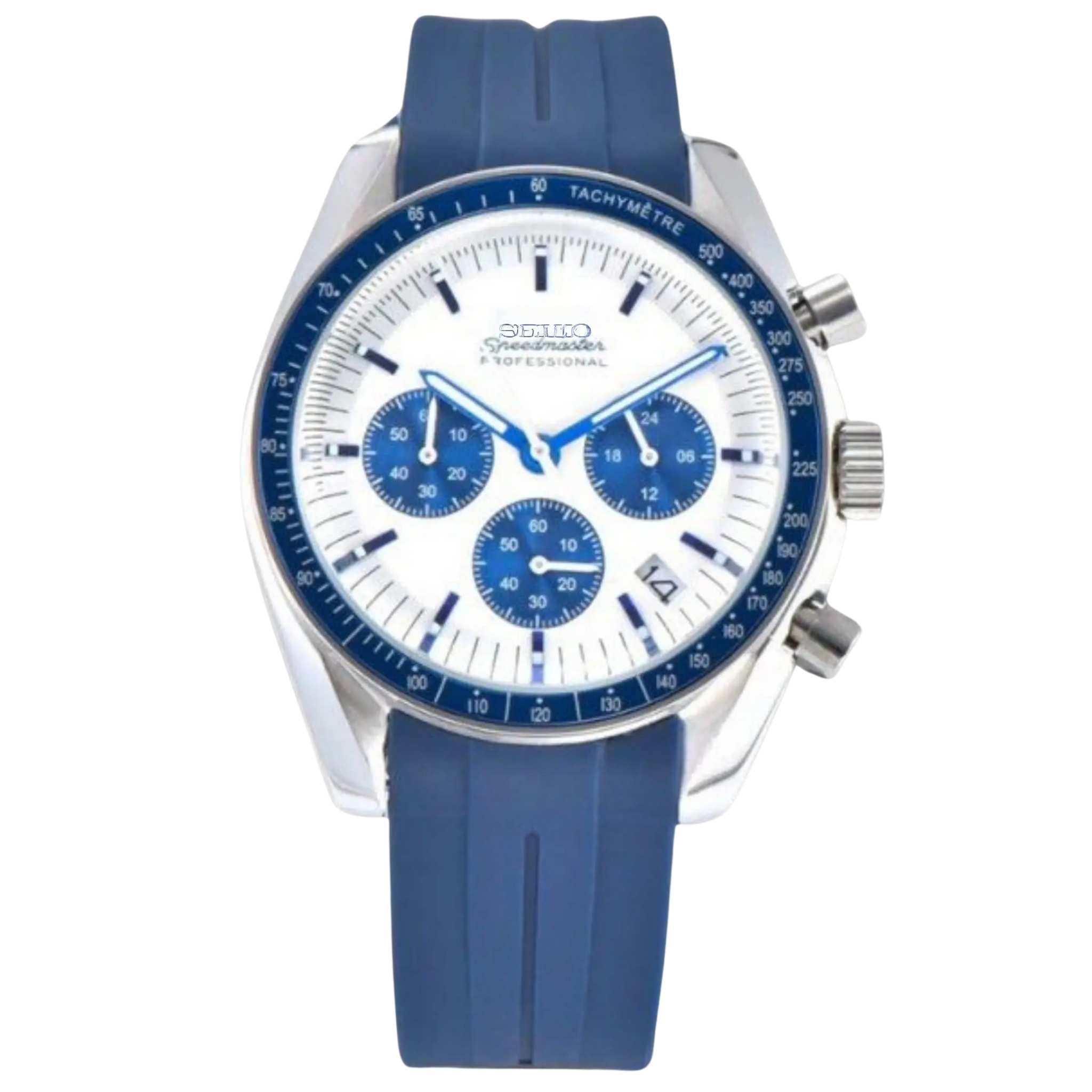 “Montre SEIKMOD Speedmaster Snoopy Bleu équipée du mouvement chronographe Seiko VK63, cadran bleu Snoopy et lunette tachymétrique, assemblée à la main en France”