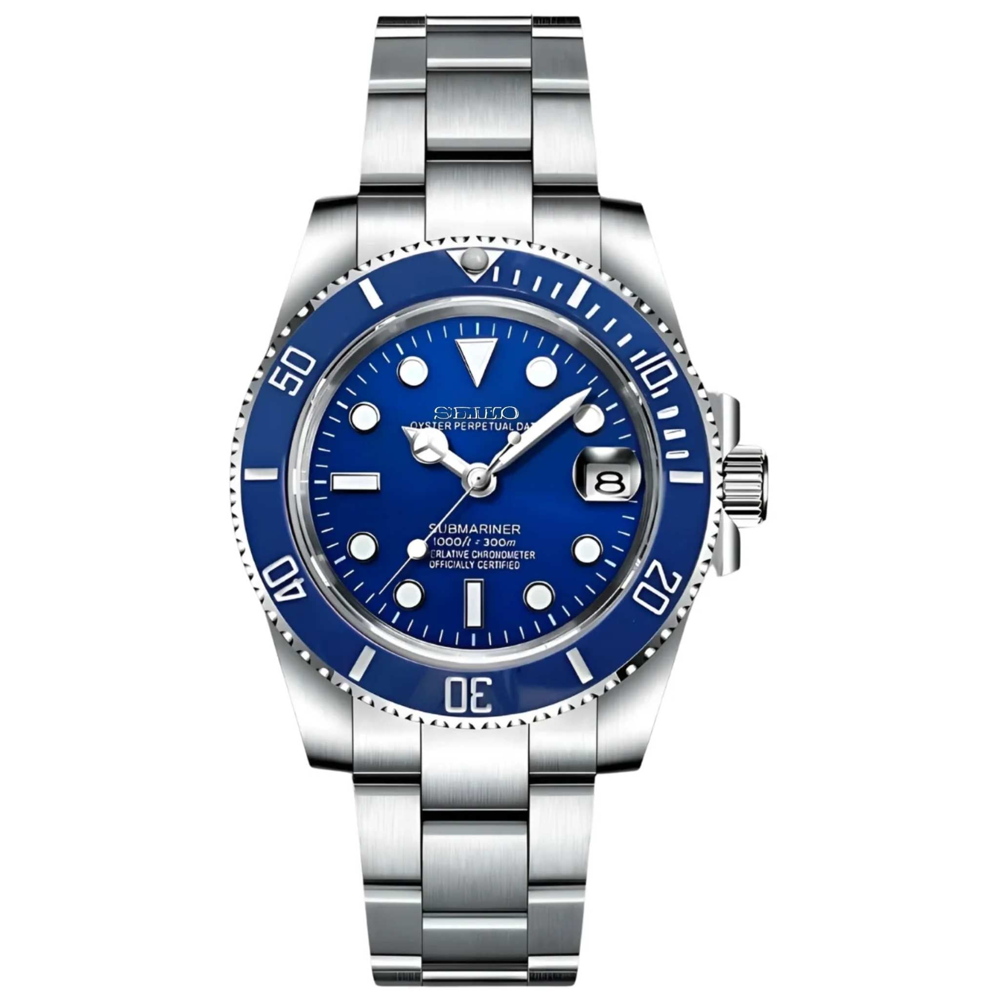 “Montre Modus Submariner Bleu équipée du mouvement automatique Seiko NH35, cadran bleu profond et lunette céramique, assemblée à la main en France”