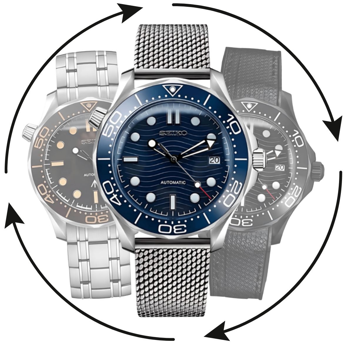Montre personnalisable Modus Seiko au design Seamaster – boîtier sportif en acier, mouvement automatique Seiko, made in France.