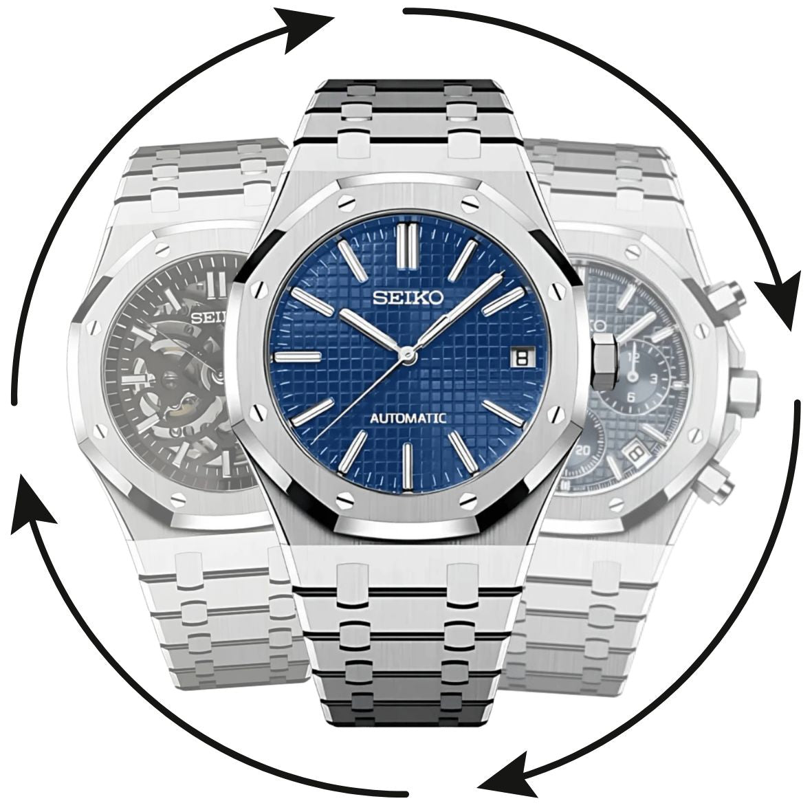 Montre personnalisable Modus Seiko au design Royal Oak – boîtier acier, mouvement Seiko authentique, assemblée en France.
